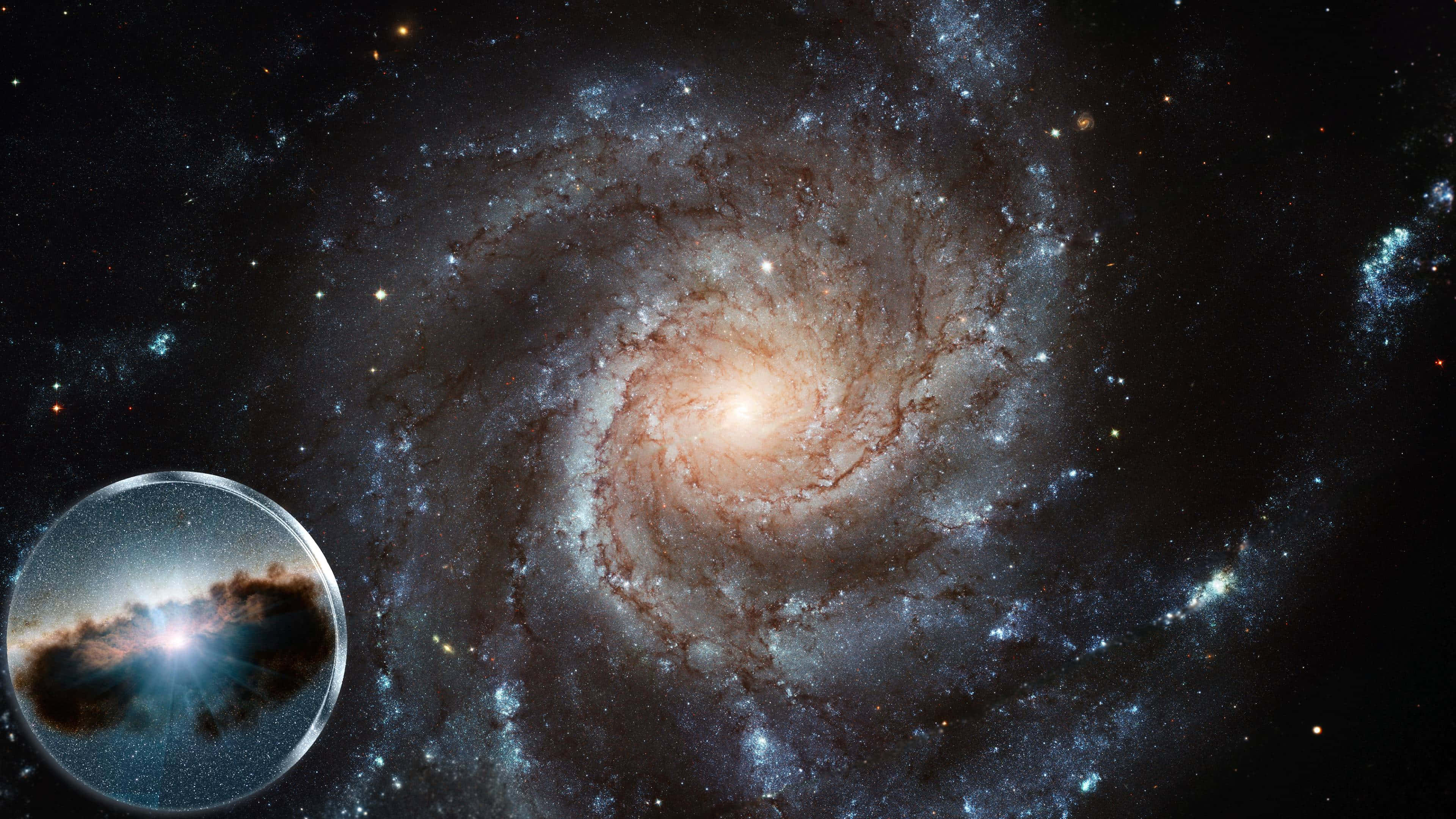 深空銀河系圖像 壁紙 — 一個令人驚嘆的螺旋星系，帶有發光的旋臂和明亮的核心，主宰著宇宙場景，並伴隨著一個圓形插圖中的發光星雲。