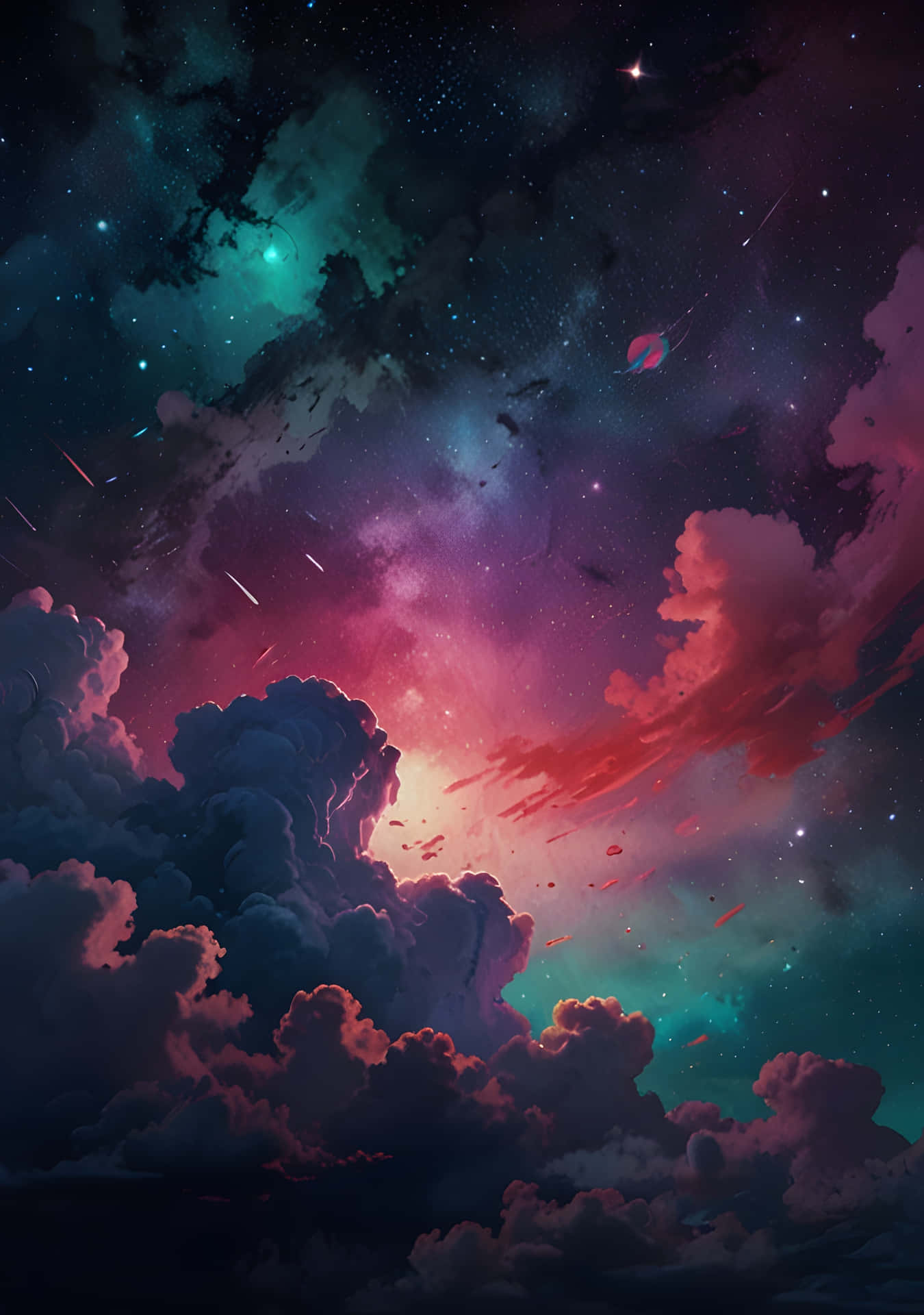 戲劇性的雲層被宇宙星雲和流星照亮，在繁星點點的夜空中