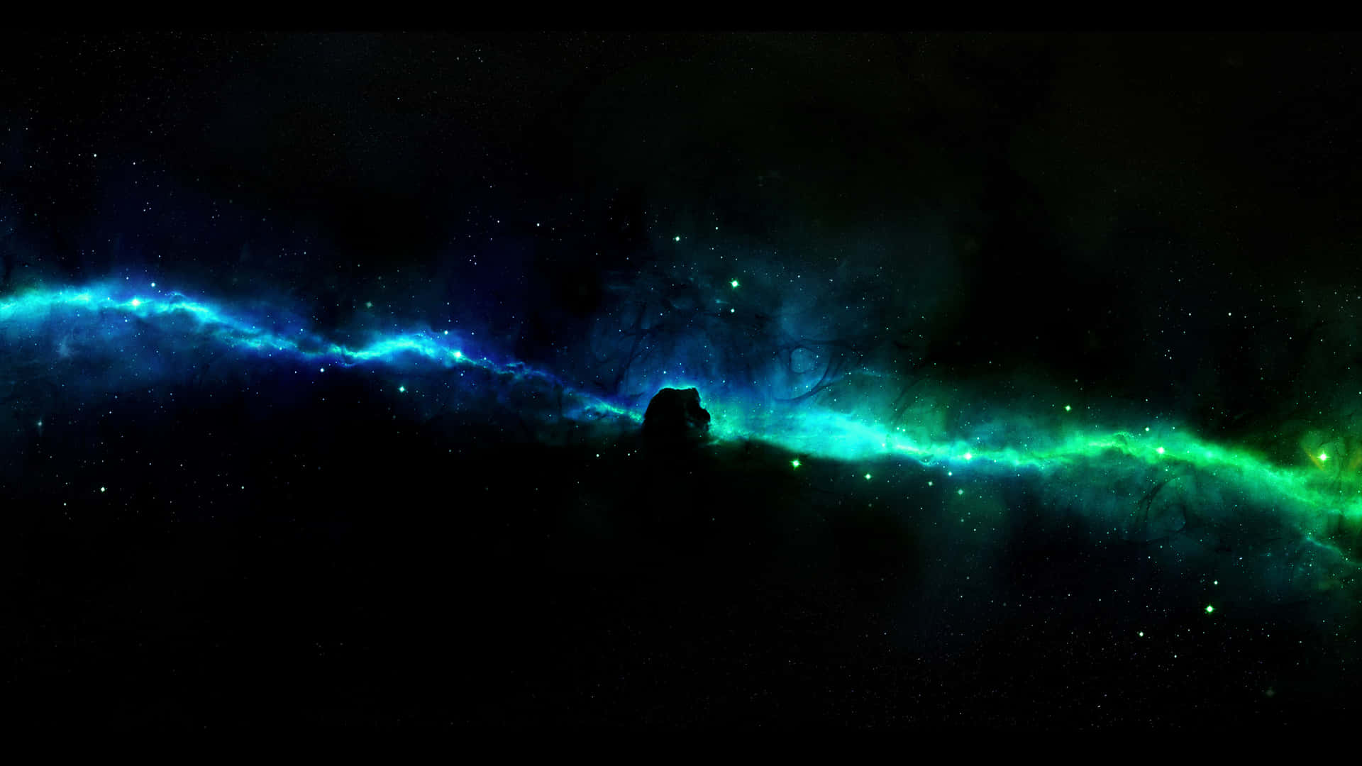 一個發光的藍色和綠色星雲，帶有星星和黑暗的輪廓。