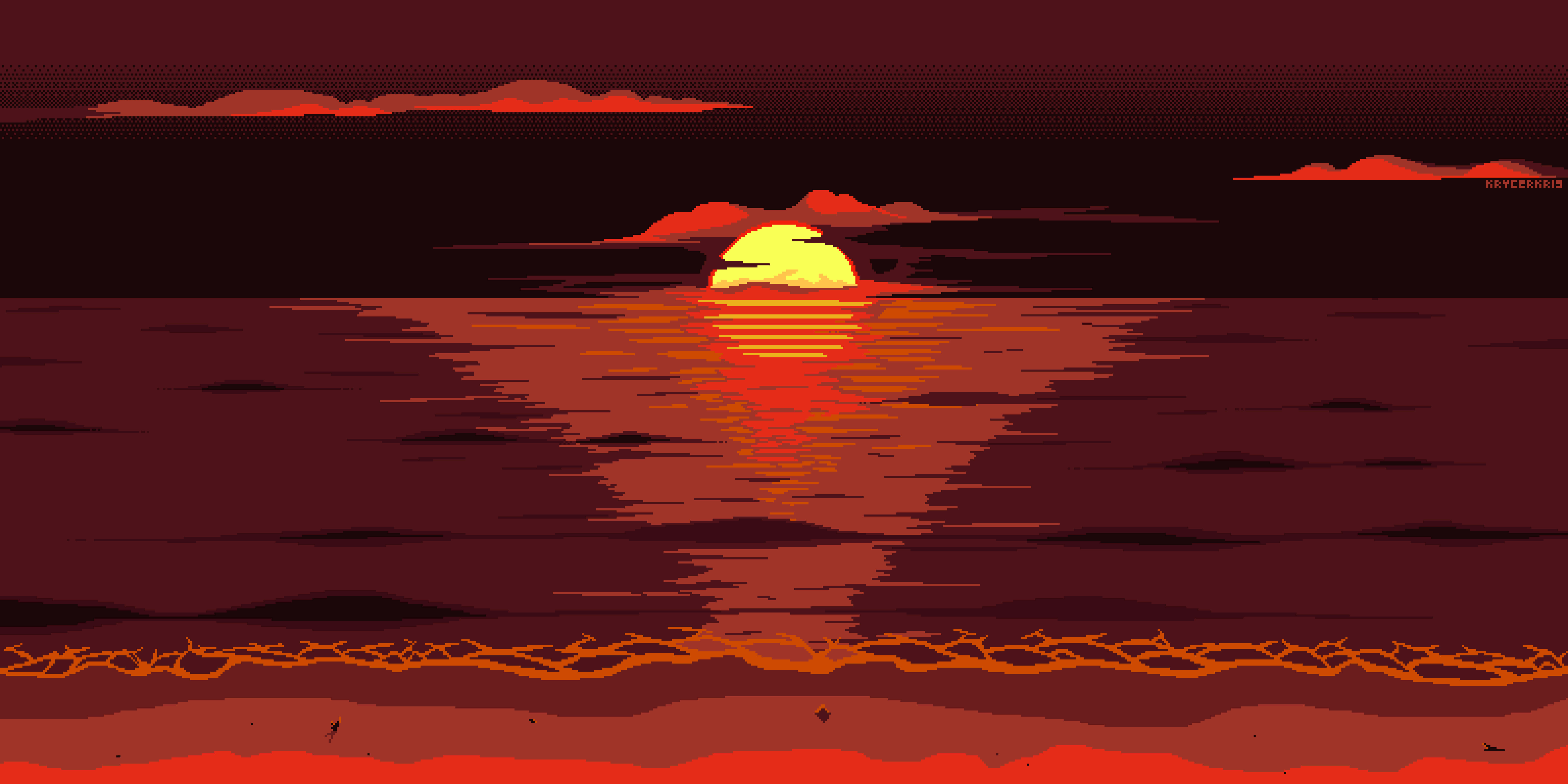 Minimalist Sunset 桌布 壁紙 — 深紅天空下，像素藝術風格的日落，發光的太陽倒映在暗水上。