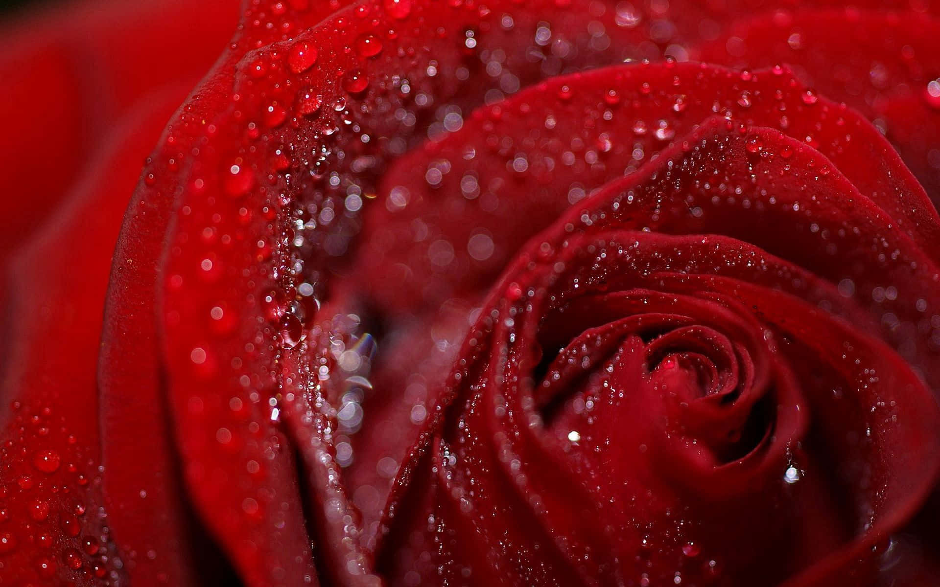 Rose Petal 桌布 壁紙 — 深紅玫瑰嘅特寫，絲絨般嘅花瓣上閃爍嘅水珠捕捉光線。