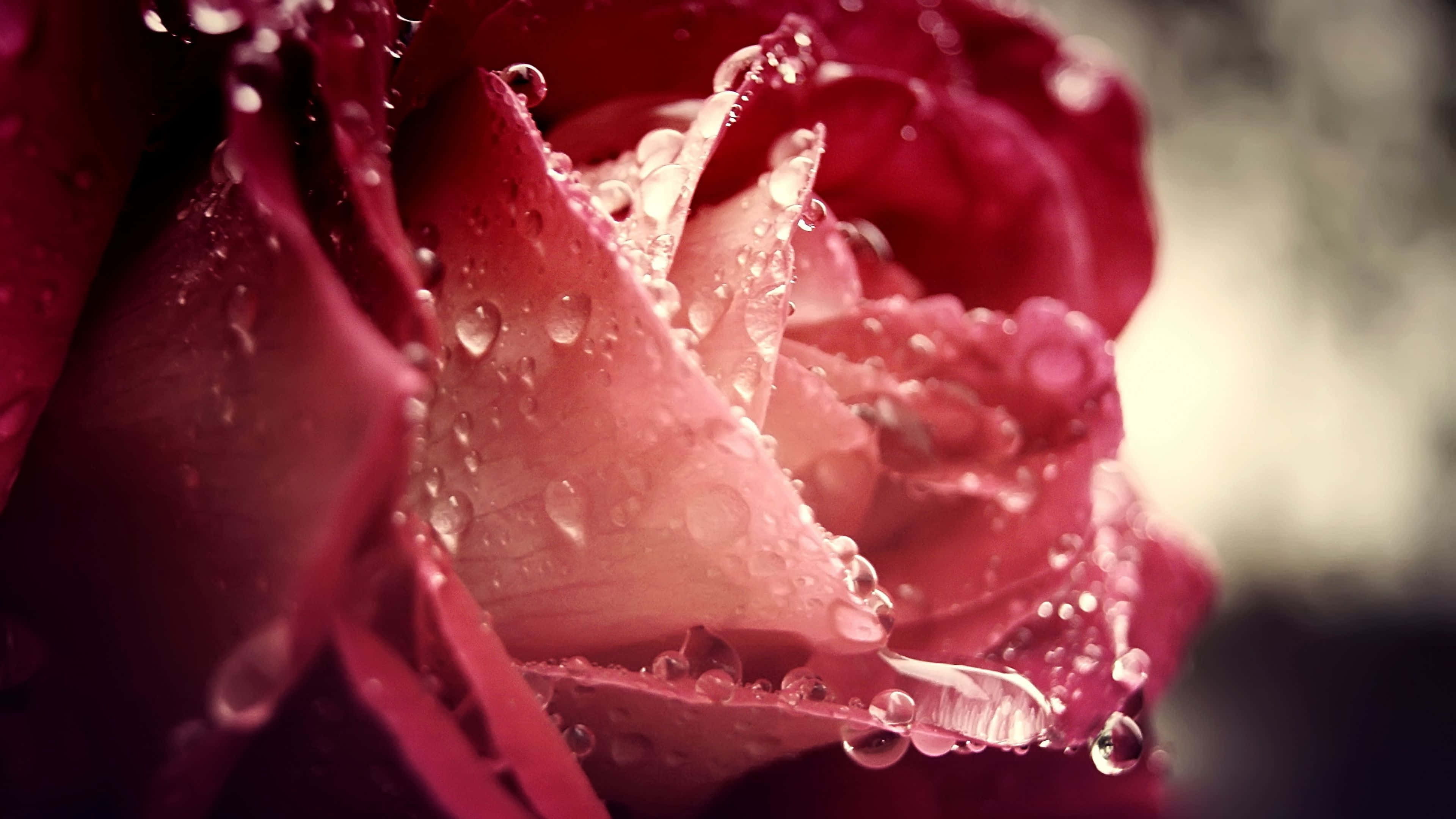 Rose In Rain 桌布 壁紙 — 深紅玫瑰的特寫，天鵝絨般的花瓣上閃爍著水珠，背景柔和模糊。