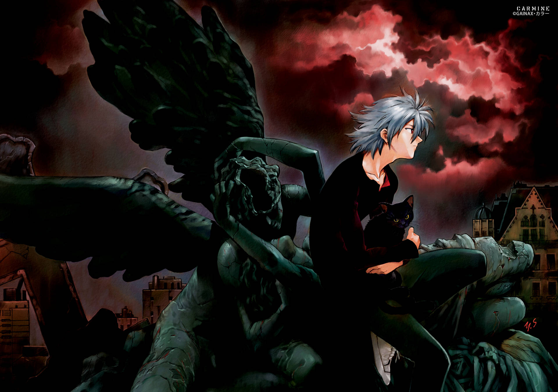 深紅色 Kaworu Nagisa 藝術 壁紙 — 一個銀髮動漫男孩在血紅色暴風雨天空下，懷抱一隻黑貓站在石像鬼雕像上。