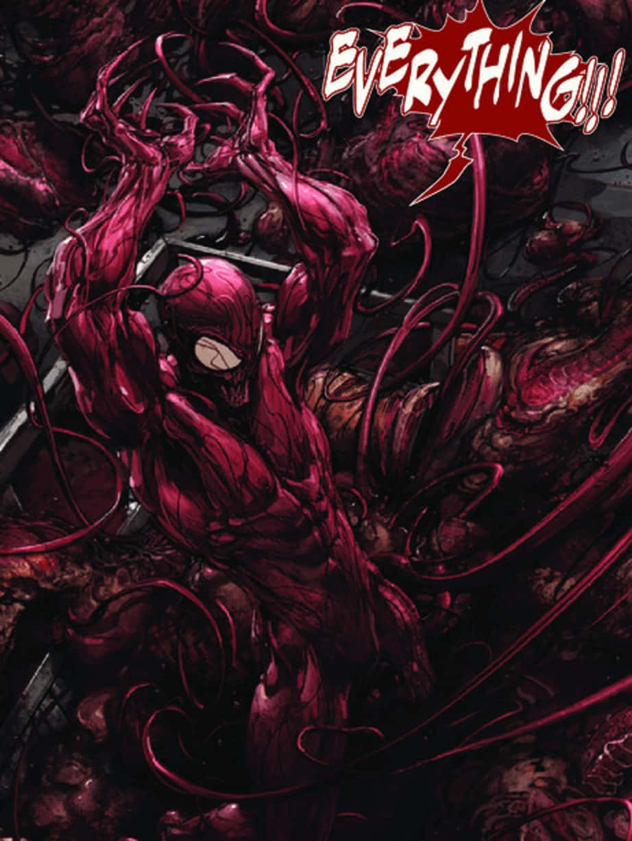 Carnage USA 桌布 壁紙 — 深紅色共生體蜘蛛俠在黑暗有機背景下咆哮，觸手從身體爆發而出。
