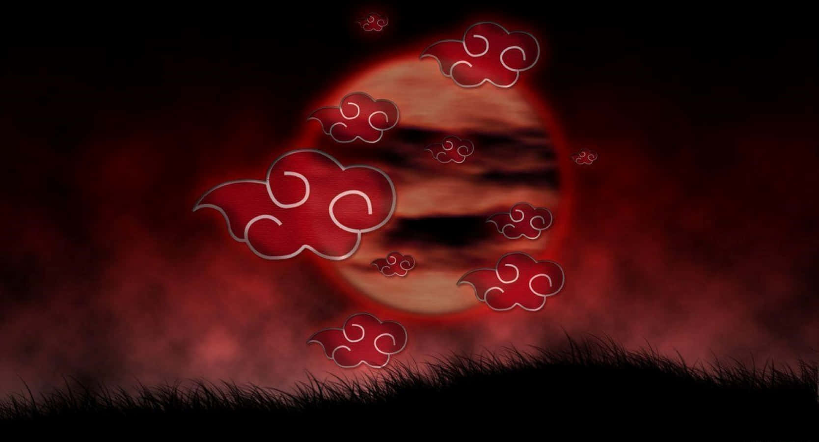 Akatsuki Symbol 桌布 壁紙 — 深紅色天空帶有風格化旋轉雲朵，漂浮在黑色草地剪影之上，襯托著一輪發光的紅月。