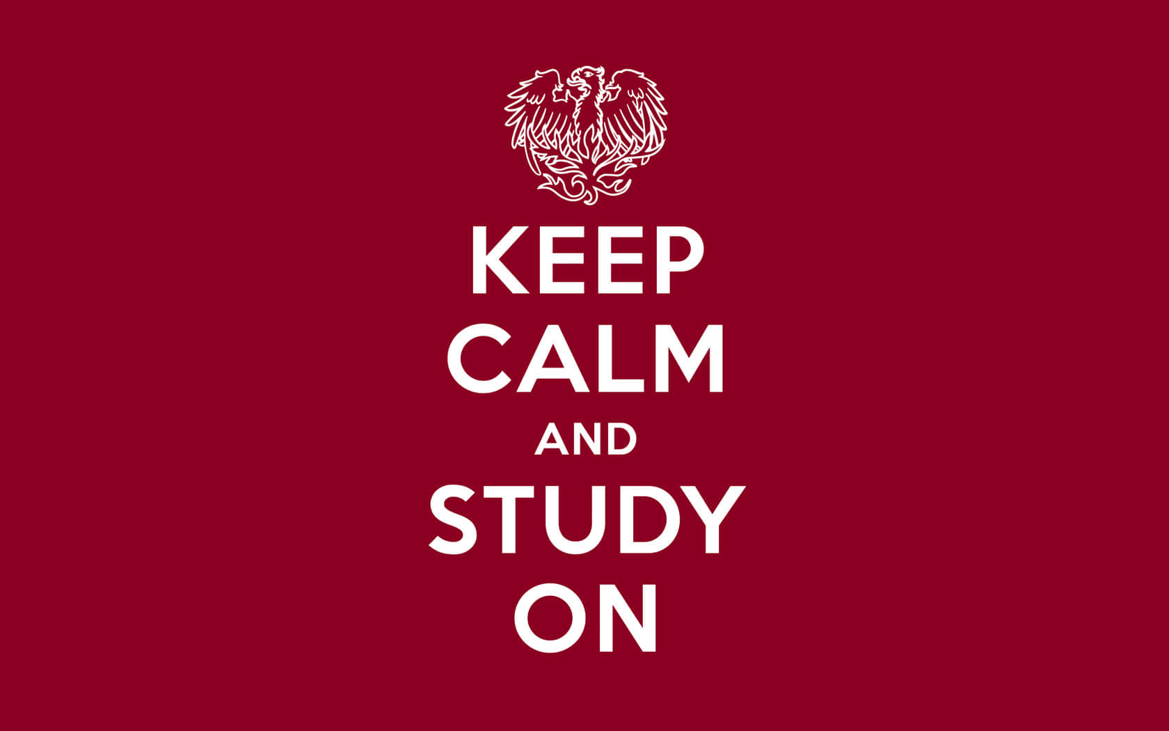 Creativity Memes 桌布 壁紙 — 深紅色背景上嘅粗體白色文字寫住「KEEP CALM AND STUDY ON」，下面有個白色雙頭鷹徽章。