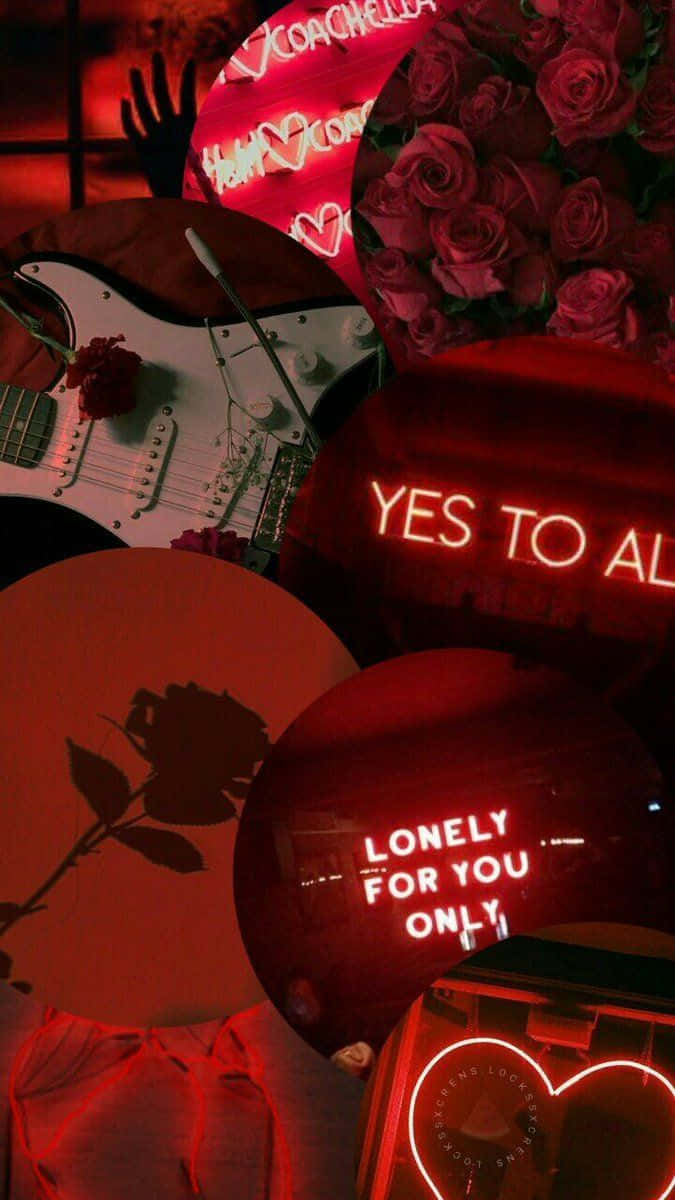 紅色調拼貼畫，有玫瑰、結他和寫著 yes to all lonely for you only 的霓虹燈牌。