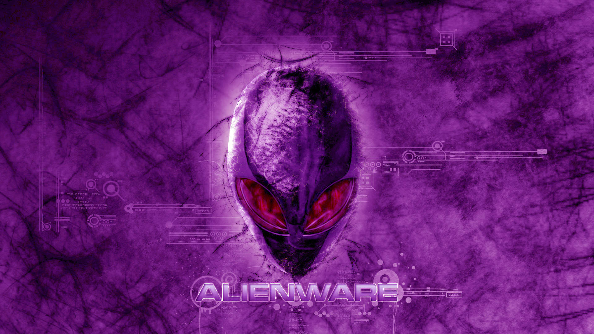 深紫色 Alienware 標誌 壁紙 — 一個發光的外星人頭部，紅色眼睛，從帶有電路覆蓋層的紫色數字界面中浮現。