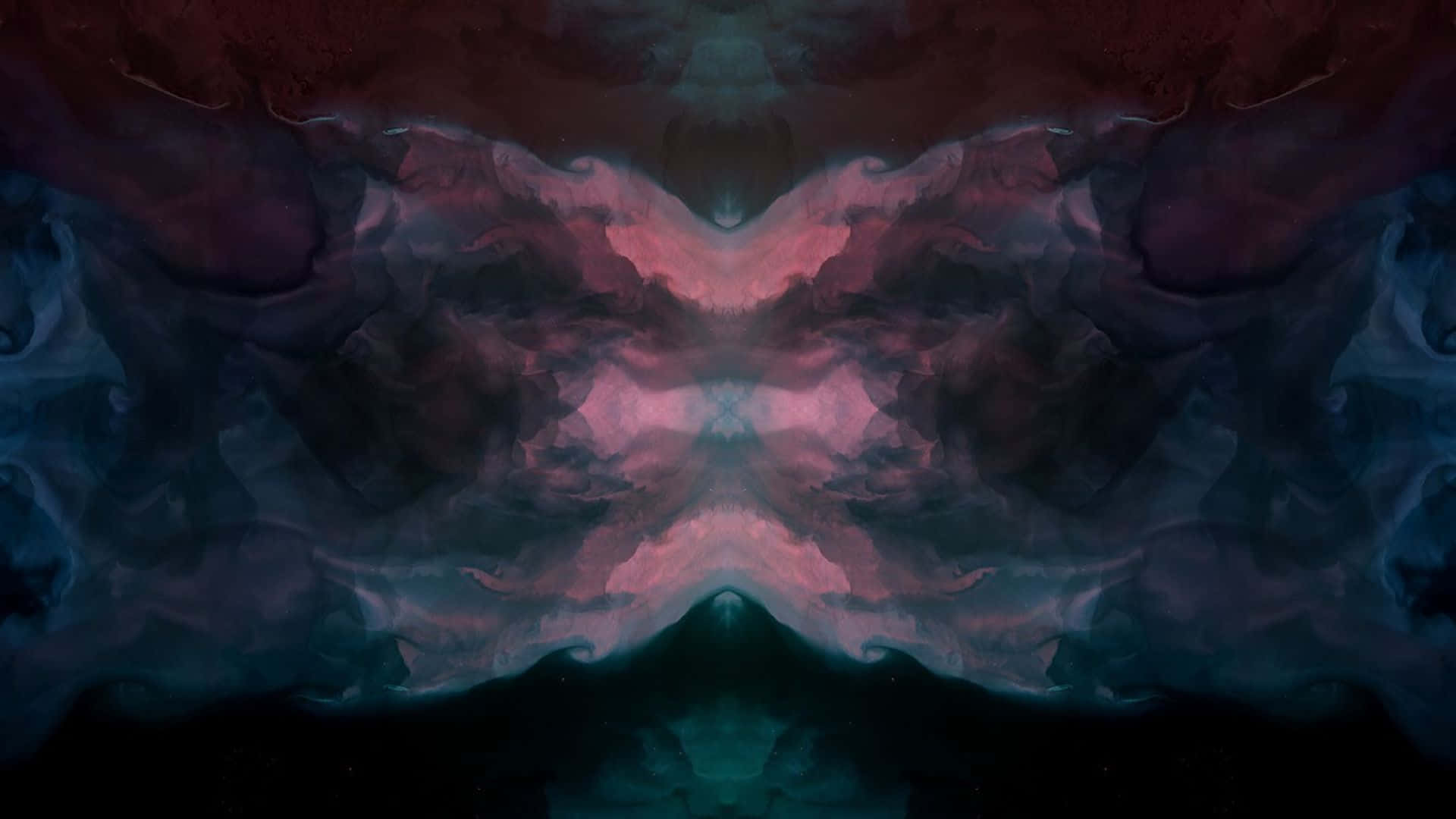 Trippy Sky 桌布 壁紙 — 深紫色、藍綠色和粉紅色的對稱抽象墨水漩渦，營造出夢幻般的流體構圖。