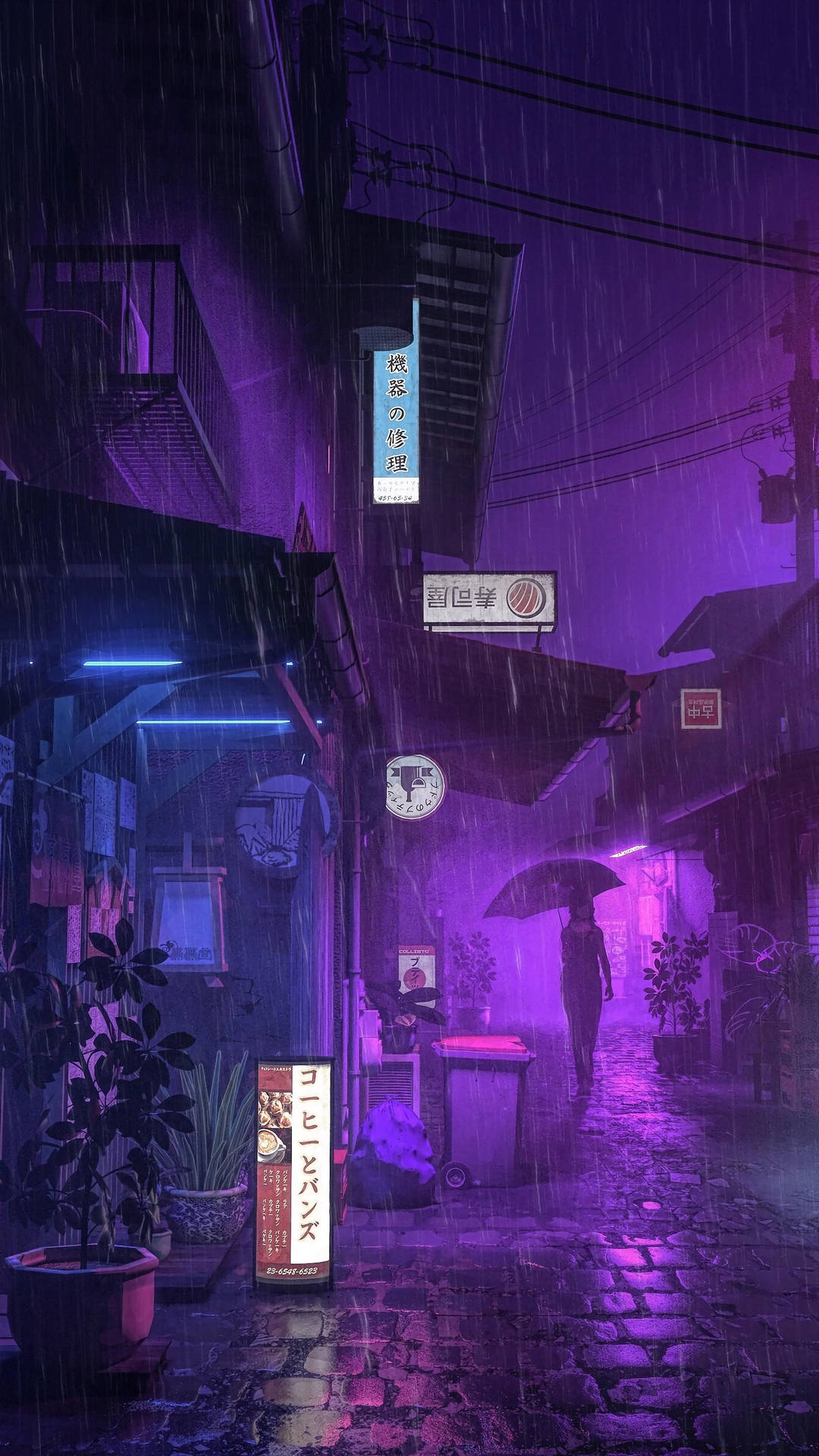 一個人撐著傘，在夜晚走過一條下雨且霓虹燈照亮的日本小巷。