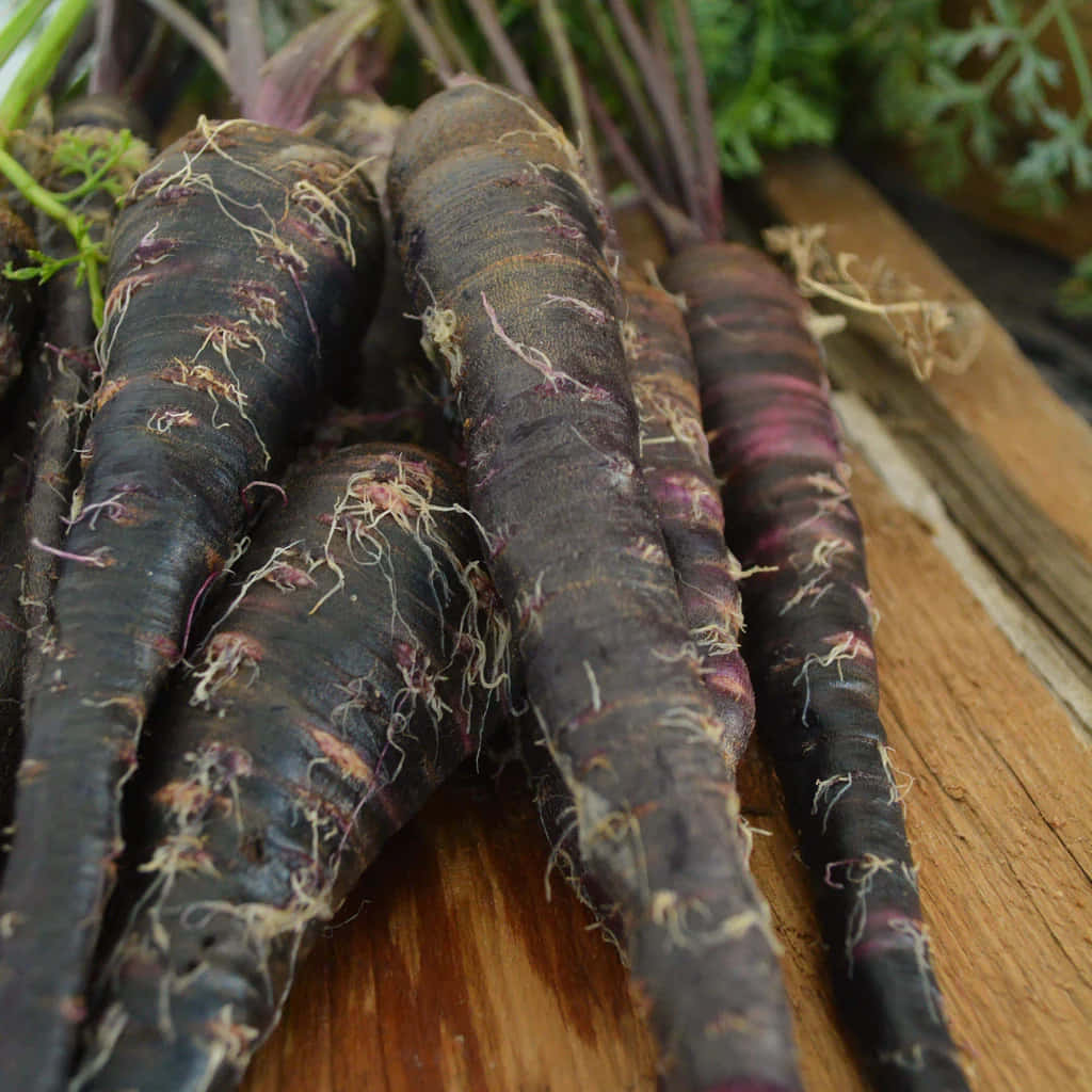 Purple Carrots 桌布 壁紙 — 深紫色嘅紅蘿蔔帶有泥土嘅根部，放喺鄉村風格嘅木質表面上，周圍有綠色嘅樹葉。