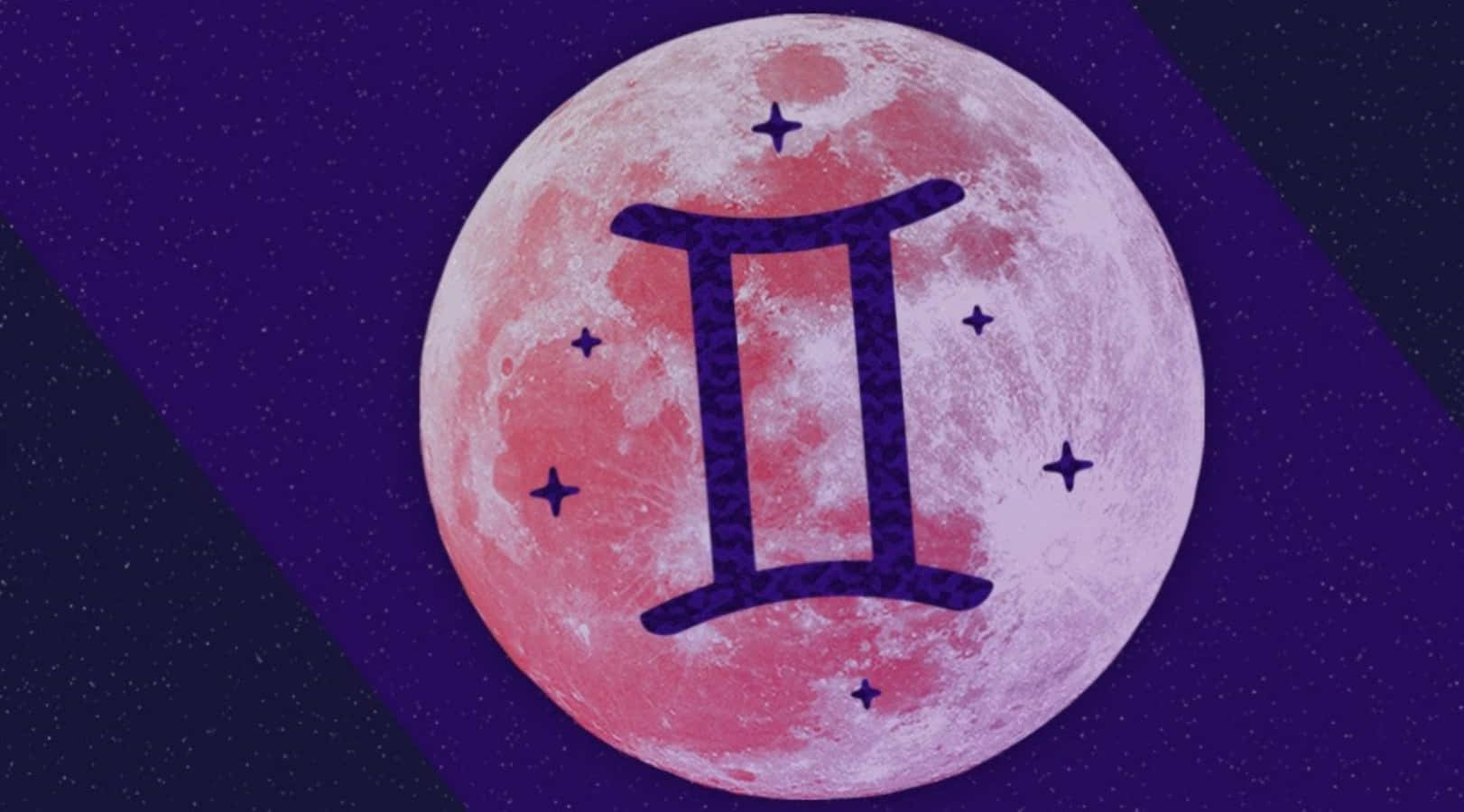 雙子座 桌布 壁紙 — 深紫色星空下，帶有粉紅色月亮、深藍色金牛座符號和星星。