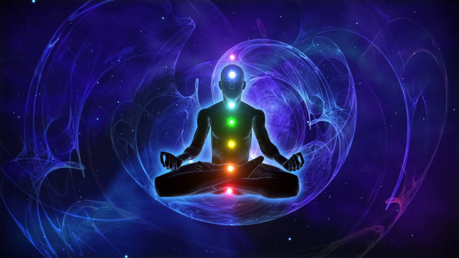 在宇宙能量場中冥想的人，帶有發光的脈輪。