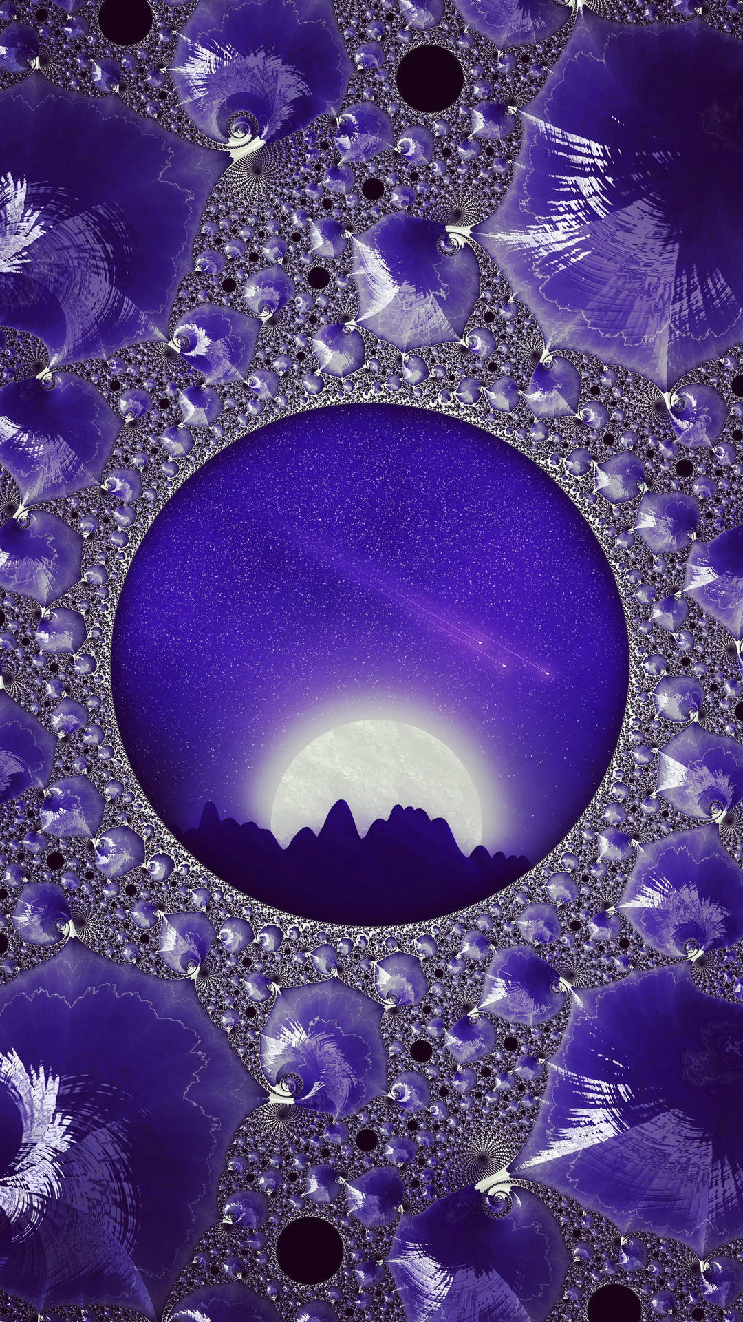 紫色分形圖案圍繞著一個帶有月亮和山脈的圓形夜景。