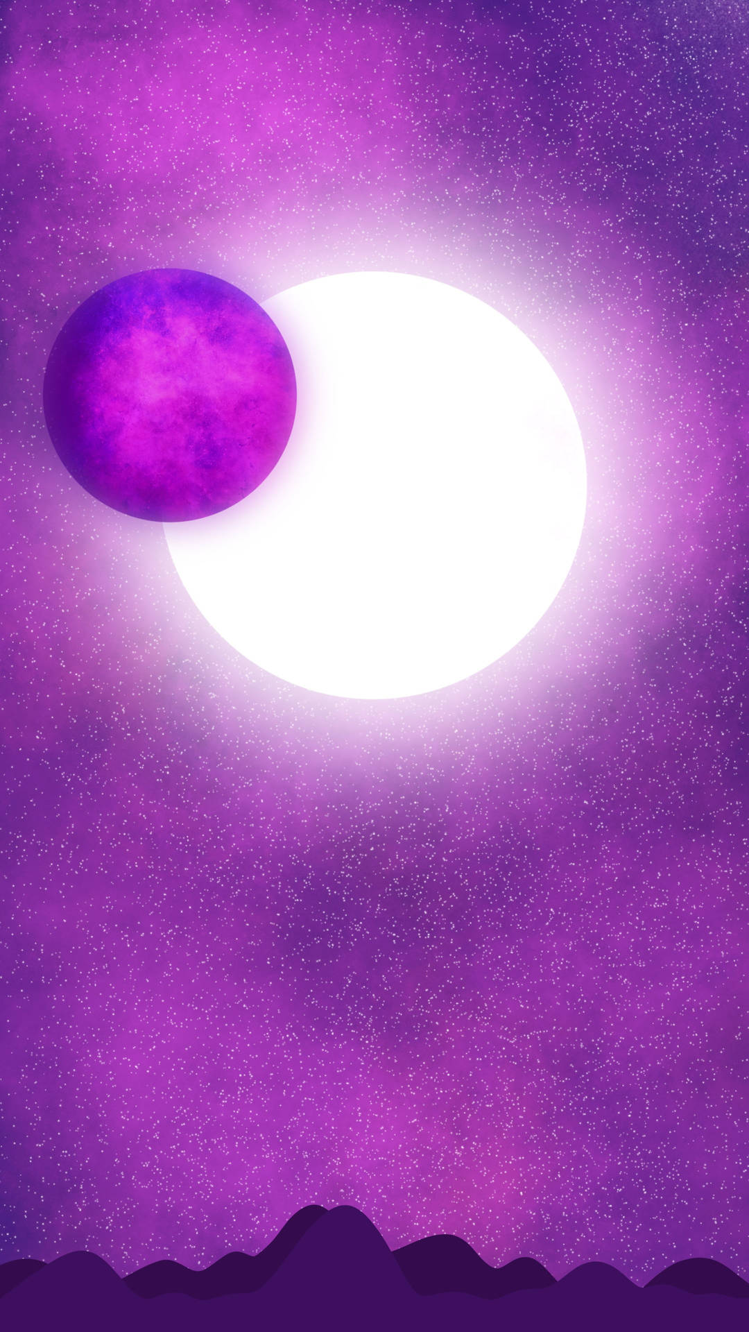 山脈上方星空中的紫色行星和明亮太陽