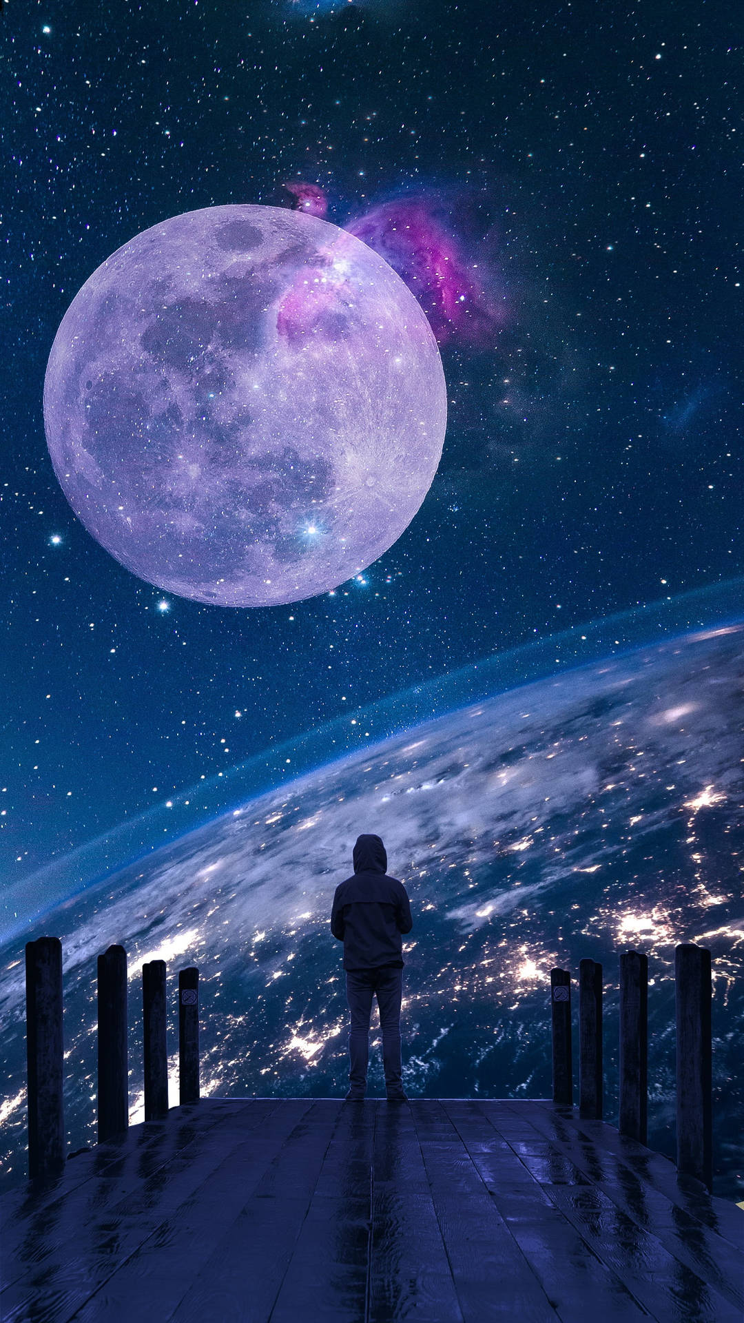 碼頭上的人看著月亮和地球從太空