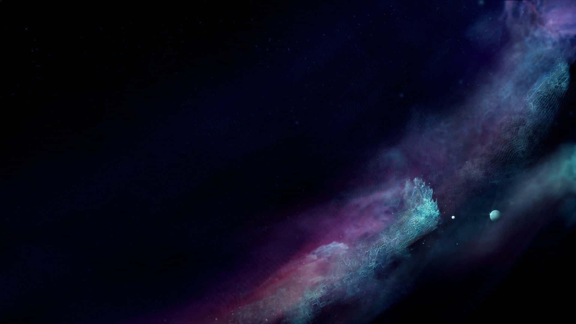 充滿活力的宇宙星雲，帶有紫藍色雲朵和遠處發光的行星，在佈滿星星的虛空中。