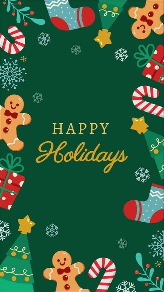 綠色背景上帶有薑餅人、拐杖糖和雪花的節日問候。