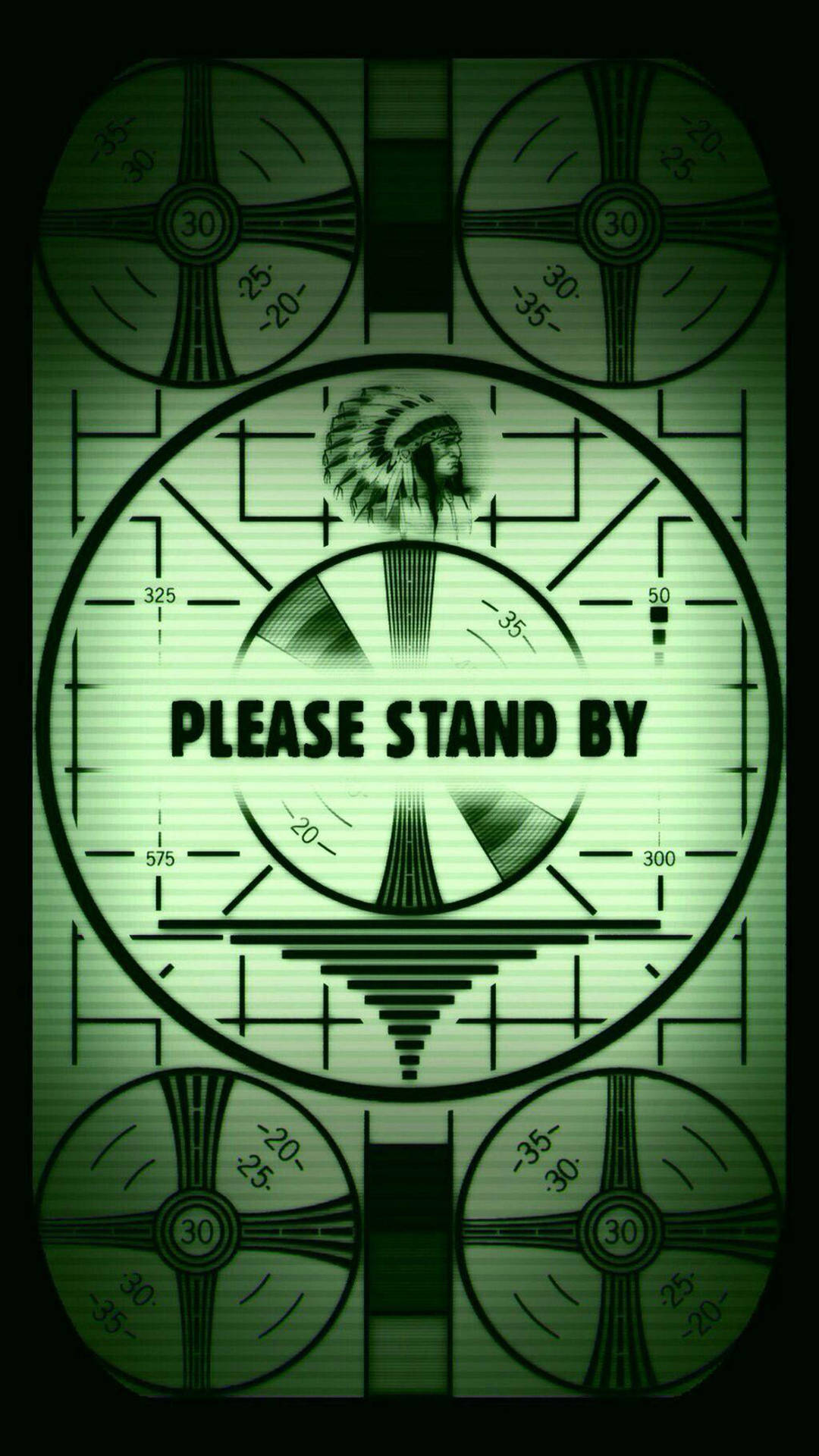 帶有美洲原住民酋長剪影和 'PLEASE STAND BY' 文字的雷達屏幕。