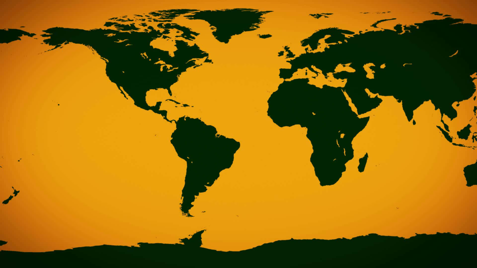 World 桌布 壁紙 — 深綠色世界地圖剪影，襯以溫暖漸變橙色背景，帶有細微紋理。