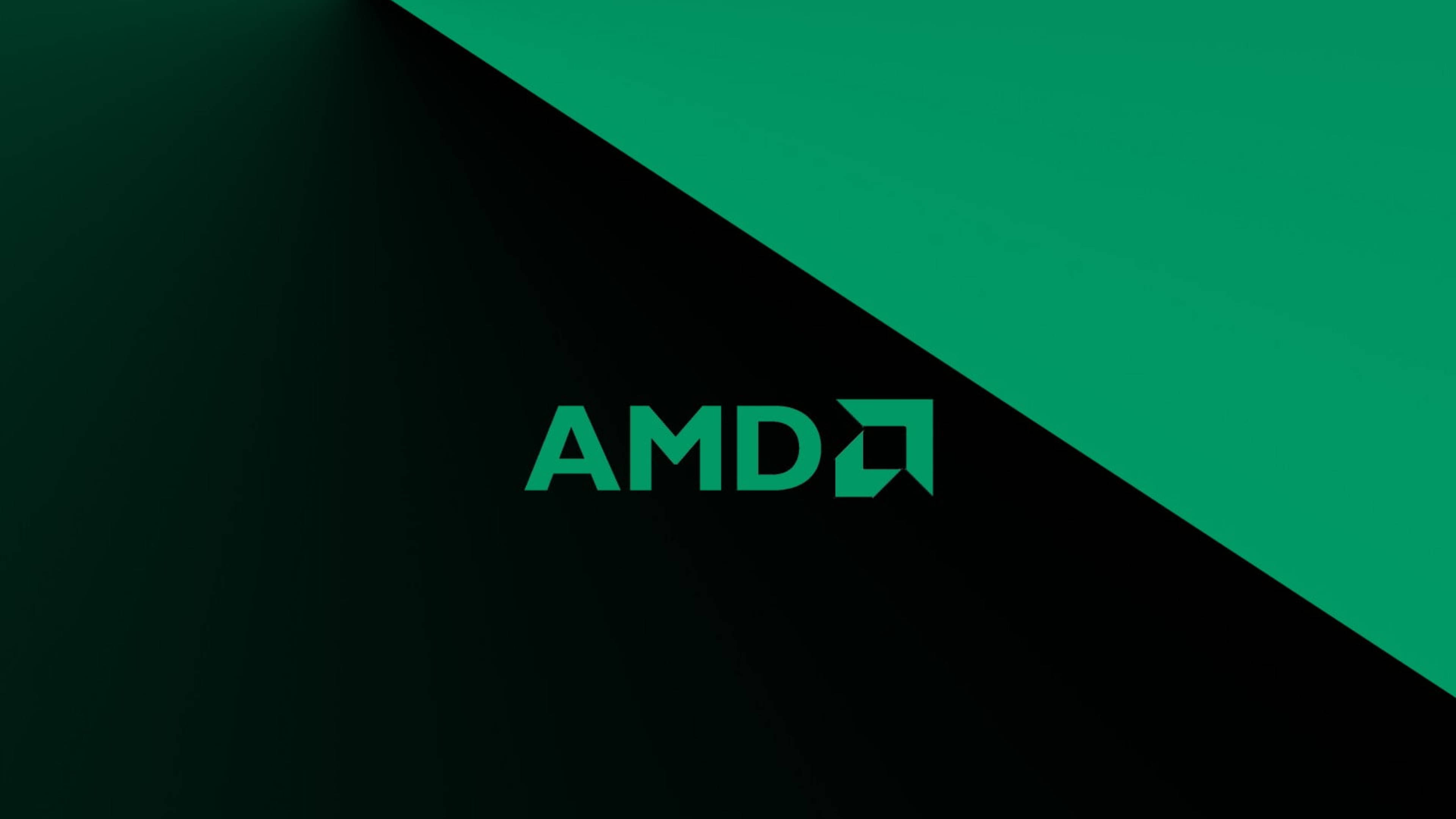 Amd 桌布 壁紙 — 深綠色和黑色對角分割背景上的綠色AMD標誌。