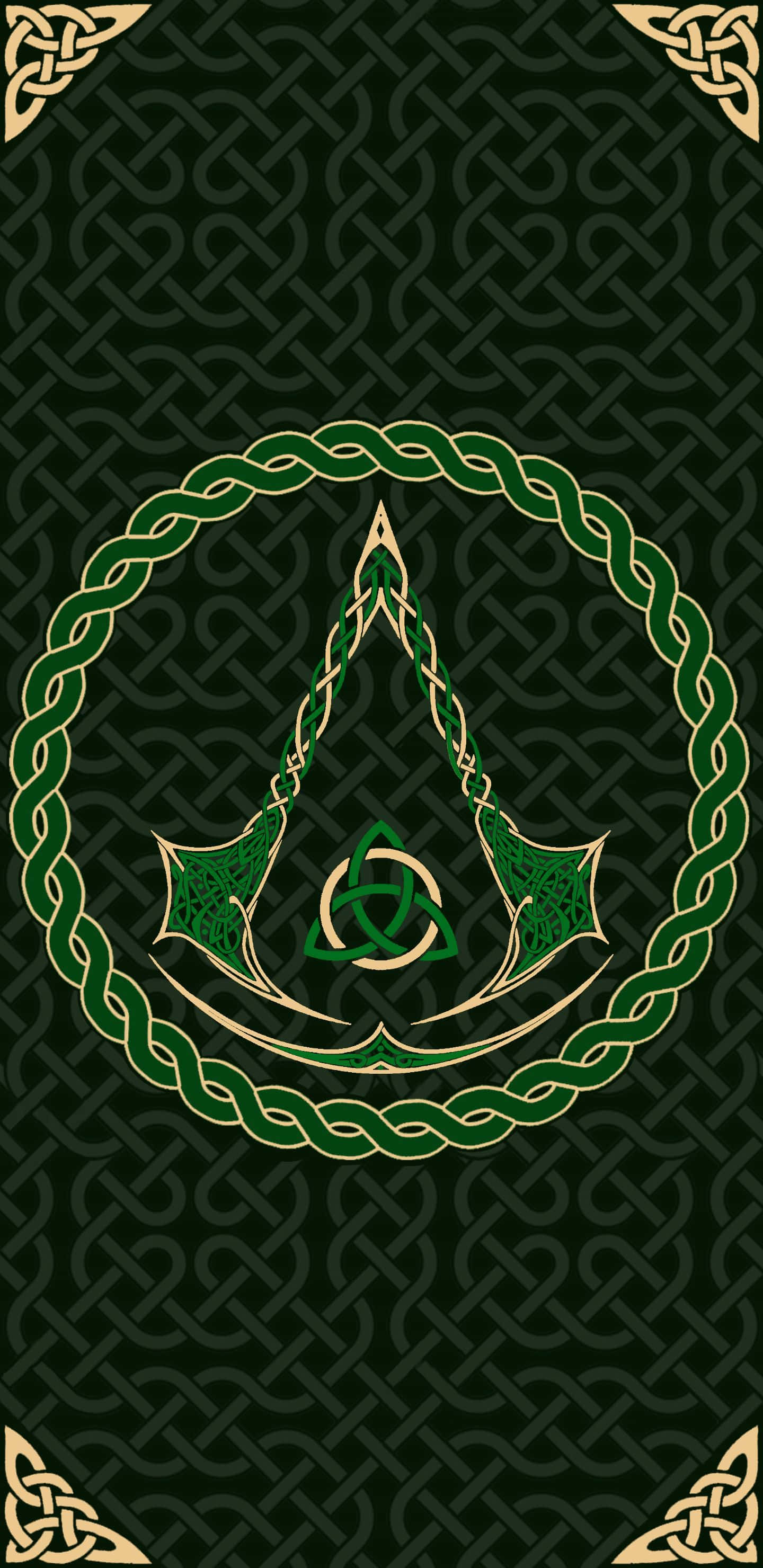 Celtic 桌布 壁紙 — 深綠色牆紙，飾有金色和綠色的凱爾特結飾，中央為三曲腿圖案和四葉草圖案。