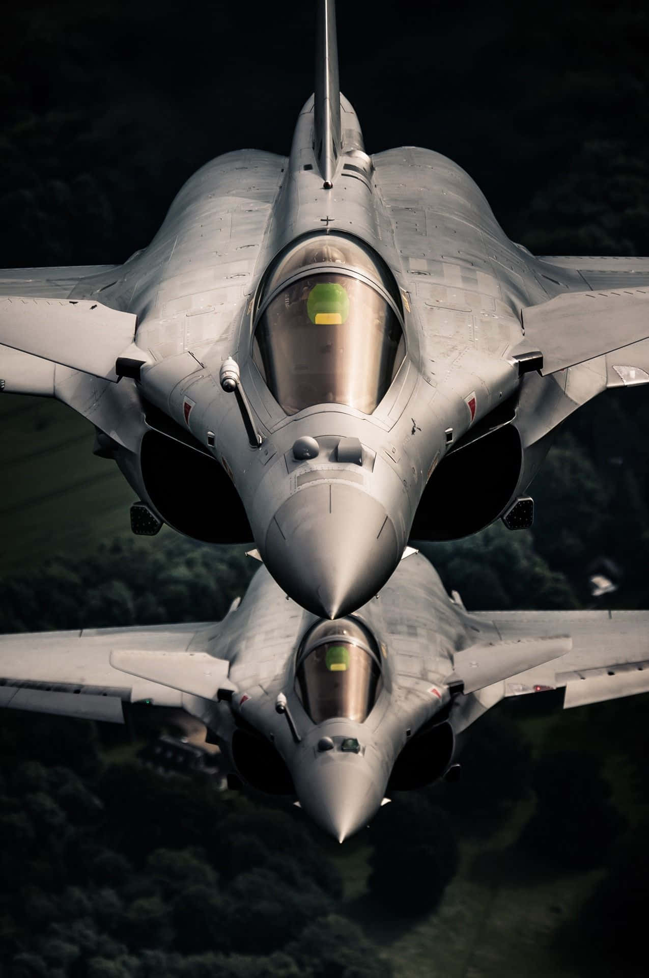 深綠色田野背景的達索陣風戰機Android巨型飛機背景 壁紙 — 兩架戰鬥機在戲劇性光線下，於森林地帶上空緊密編隊飛行。