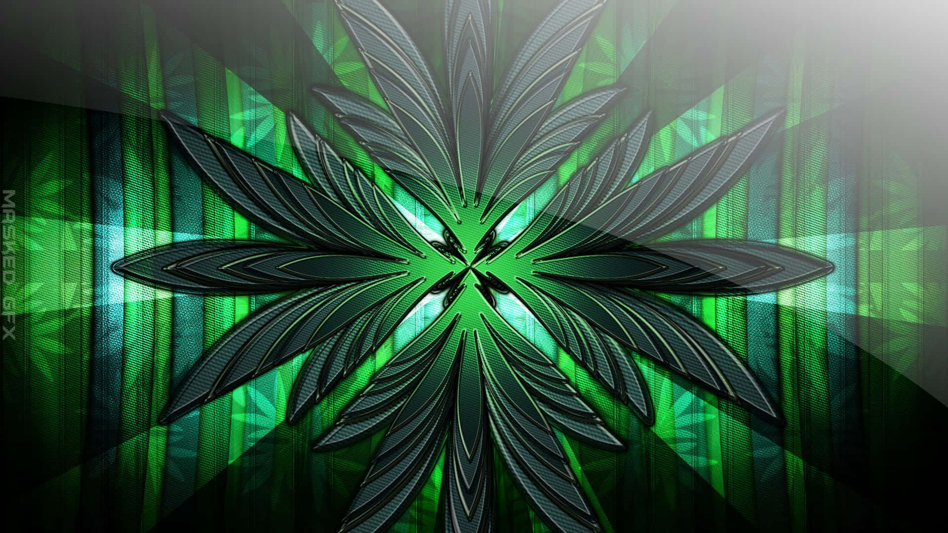 深綠葉形 GFX 背景 壁紙 — 對稱的金屬綠色大麻葉從發光的中心輻射出來，背景是帶有微妙葉片圖案的漸變綠色背景。