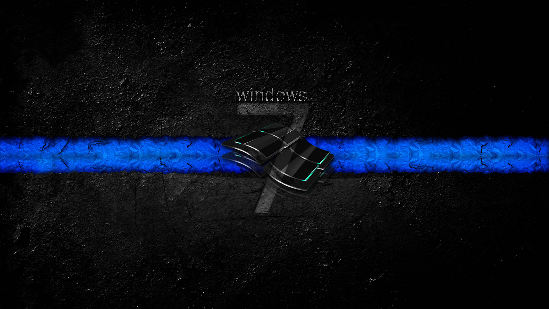 深色 Windows 7 帶標誌 壁紙 — 一個發光的藍色Windows標誌放在一條裂開的瀝青路上，天空陰暗，上方隱約有windows字樣。