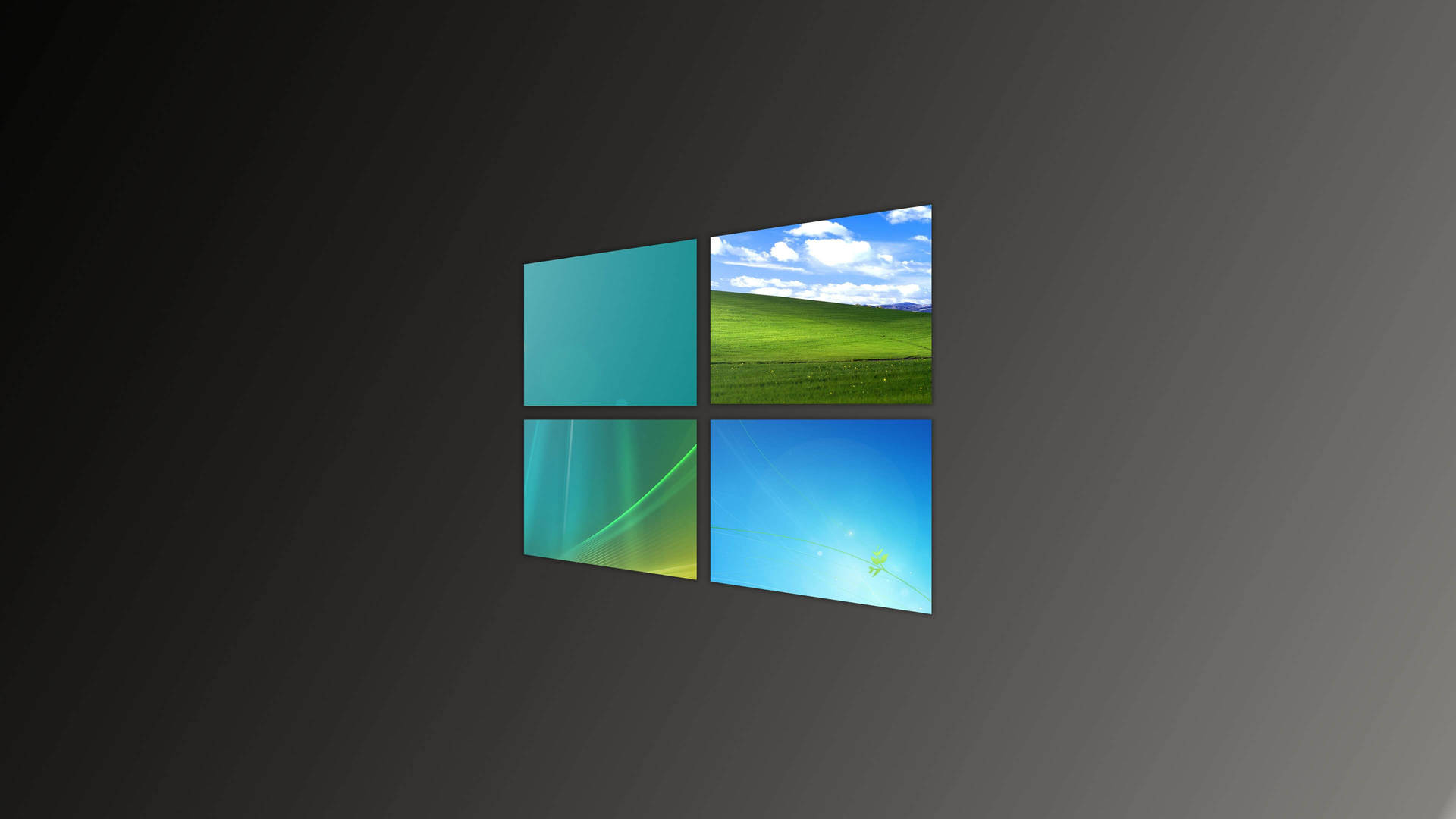 Windows 標誌，四個面板顯示綠色田野、藍色天空、抽象漸變。