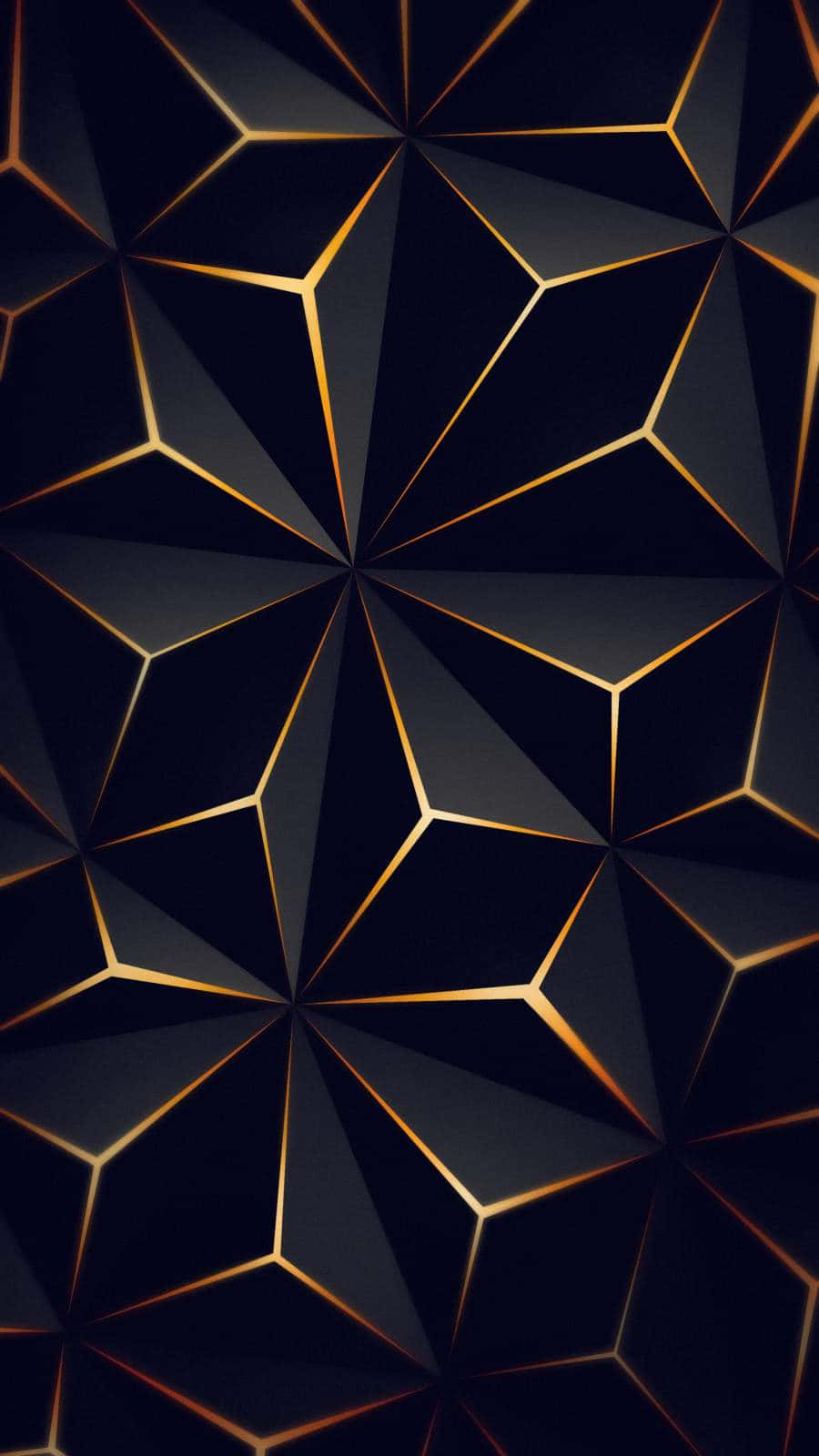 黑色 iPhone 壁紙 桌布 壁紙 — 深色幾何圖案牆紙，在深黑色背景上，發光的金色線條形成銳利的三角形切面。