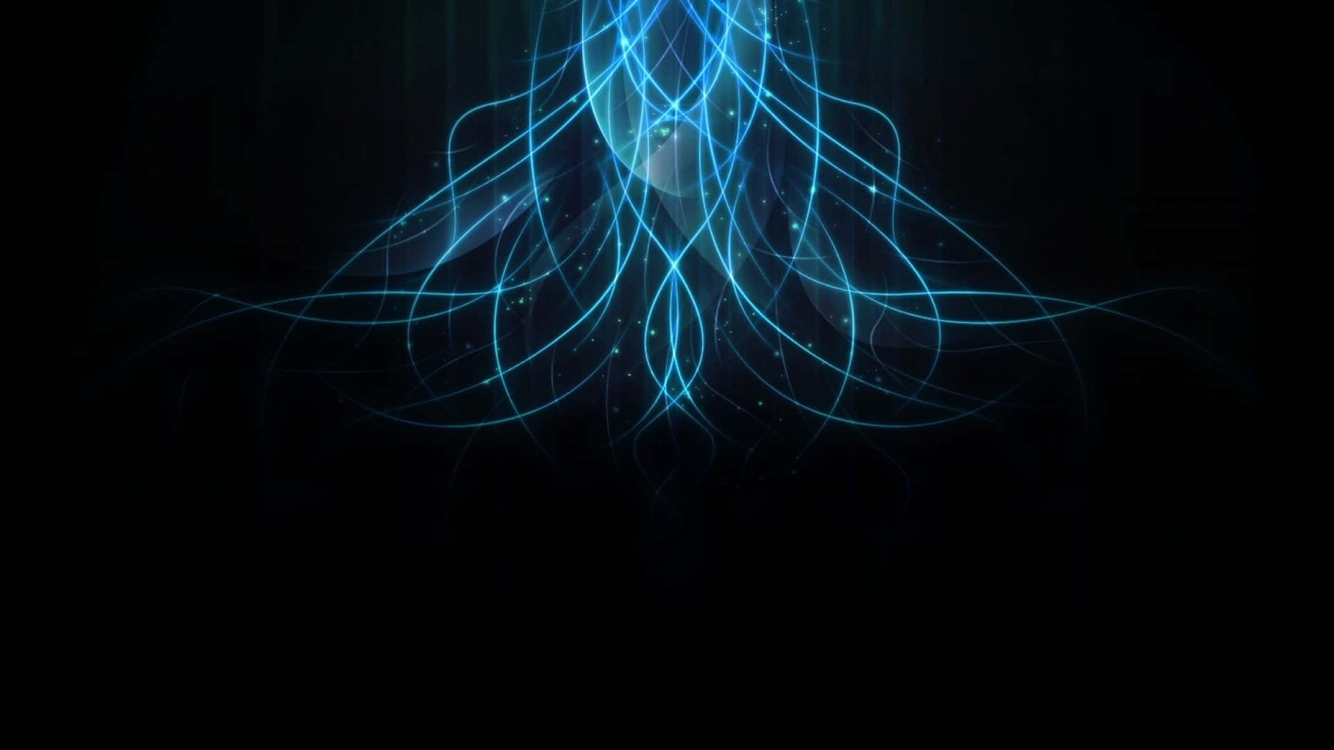 發光的藍色數位神經網絡，帶有閃爍的粒子，背景為黑色