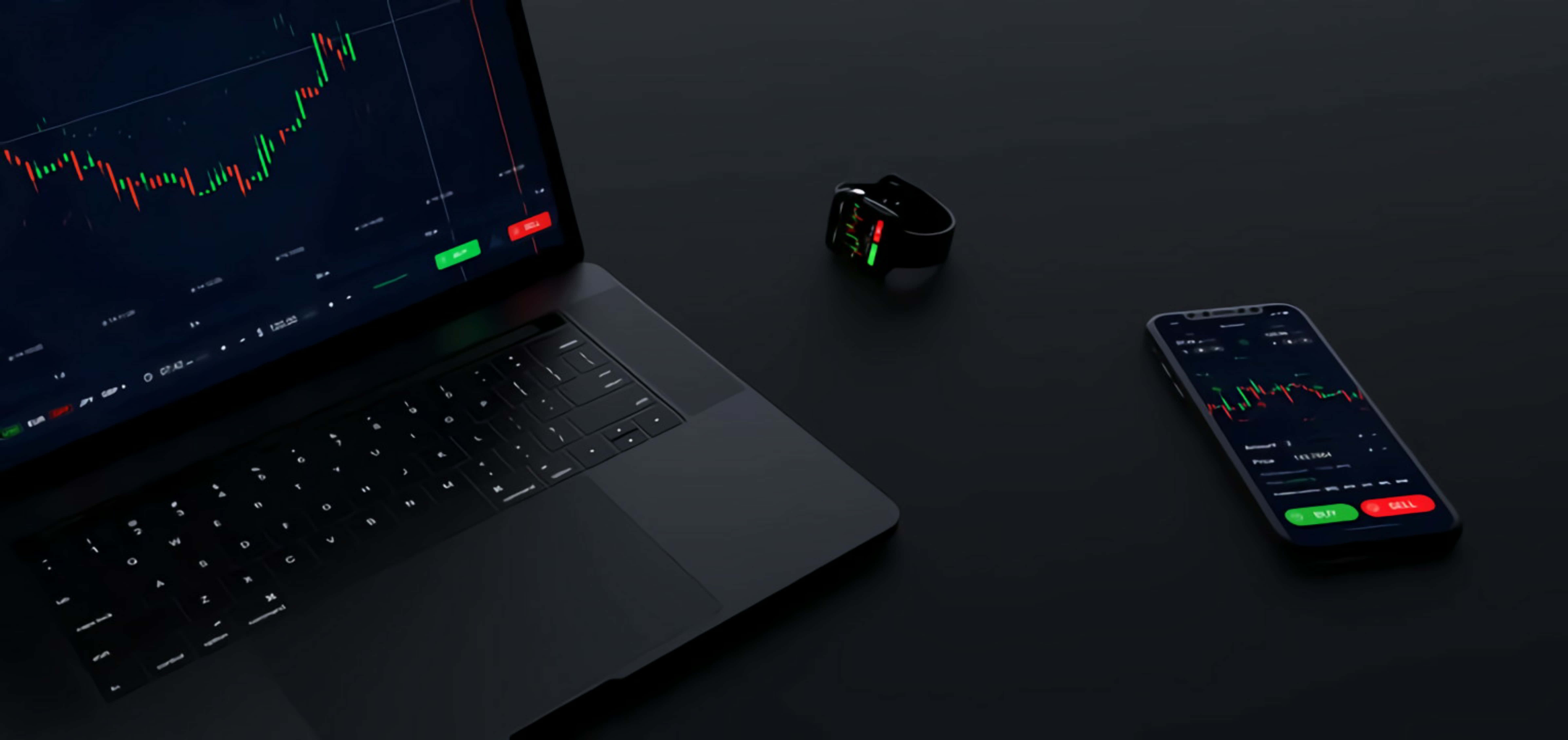 Trading 桌布 壁紙 — 深色桌面設置，配備筆記型電腦、智能手機和智能手錶，顯示同步的股票市場圖表，綠色和紅色。