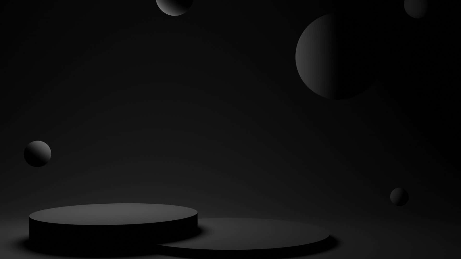 深色極簡主義 3D 形狀設計（黑色背景） 壁紙 — 極簡黑色幾何球體漂浮在黑暗漸變虛空中的一個浮動圓形平台周圍。