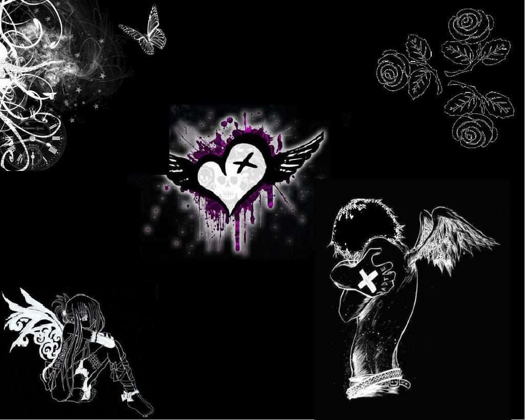 Dark Emo 桌布 壁紙 — 深色牆紙，黑色背景上有白色線條天使、流血的心臟、玫瑰和蝴蝶。