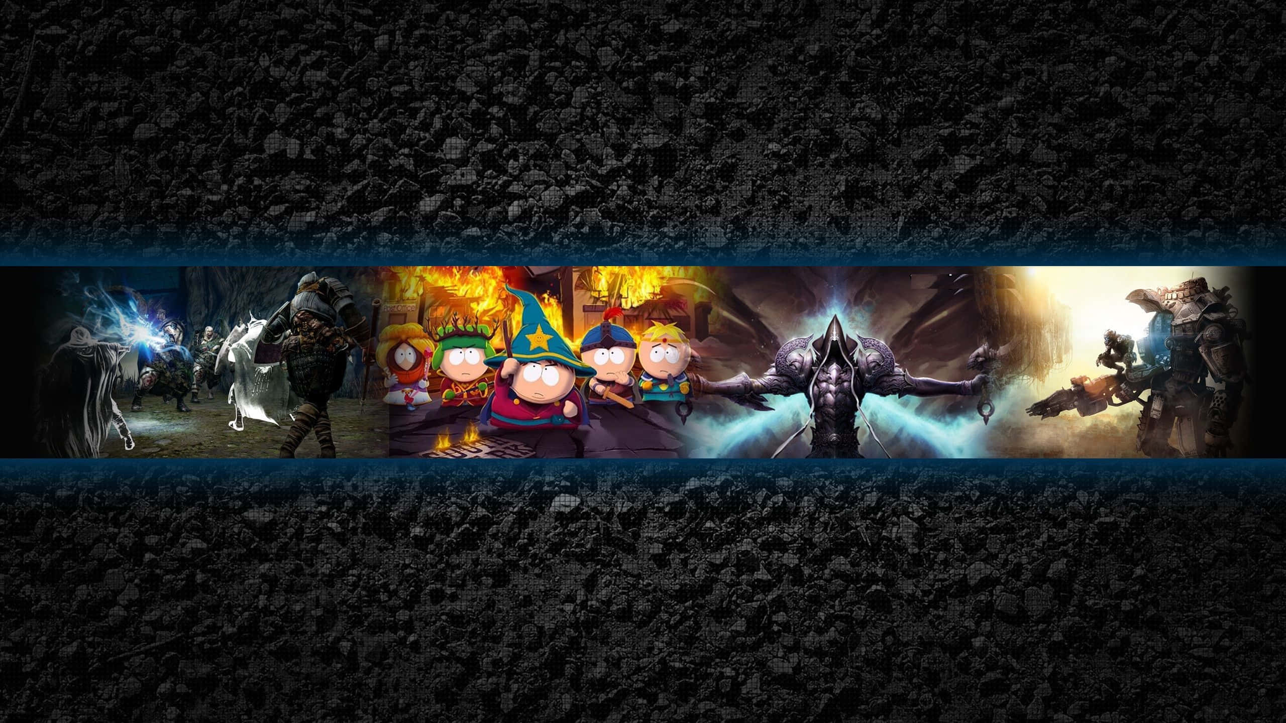 YouTube Gaming 桌布 壁紙 — 深色紋理牆紙，中央條帶上有南方公園角色和奇幻戰士的戲劇性姿勢。