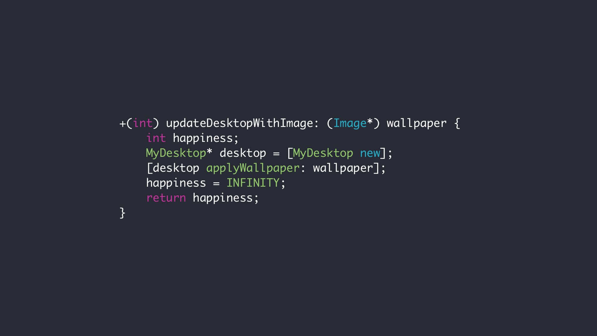 Programming 桌布 壁紙 — 深色背景，帶有色彩繽紛的語法高亮Objective-C代碼，用於更新桌面壁紙。