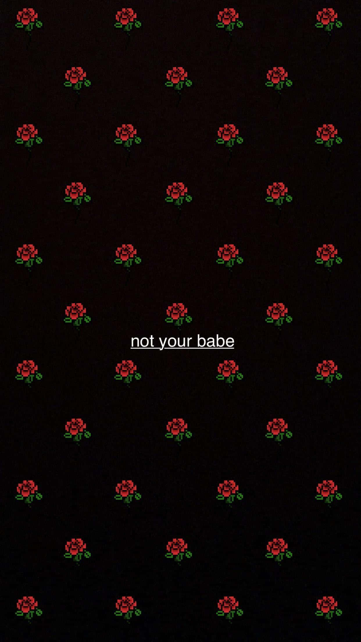 baddie 桌布 壁紙 — 深色背景，重複的像素化紅玫瑰，中央文字為 not your babe。