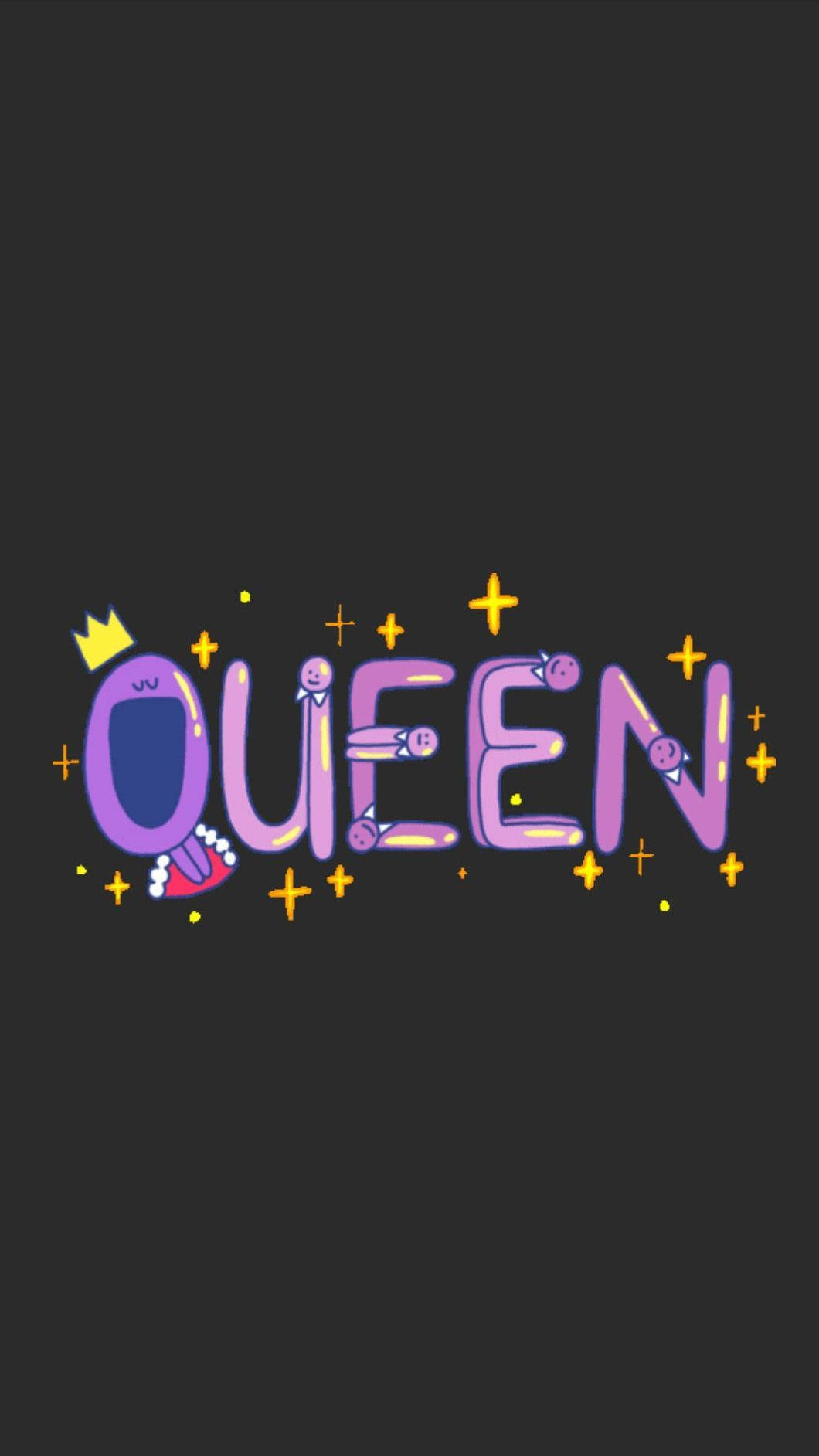 Black Queen 桌布 壁紙 — 深色背景上帶有皇冠和閃光的粗體紫色「QUEEN」文字。