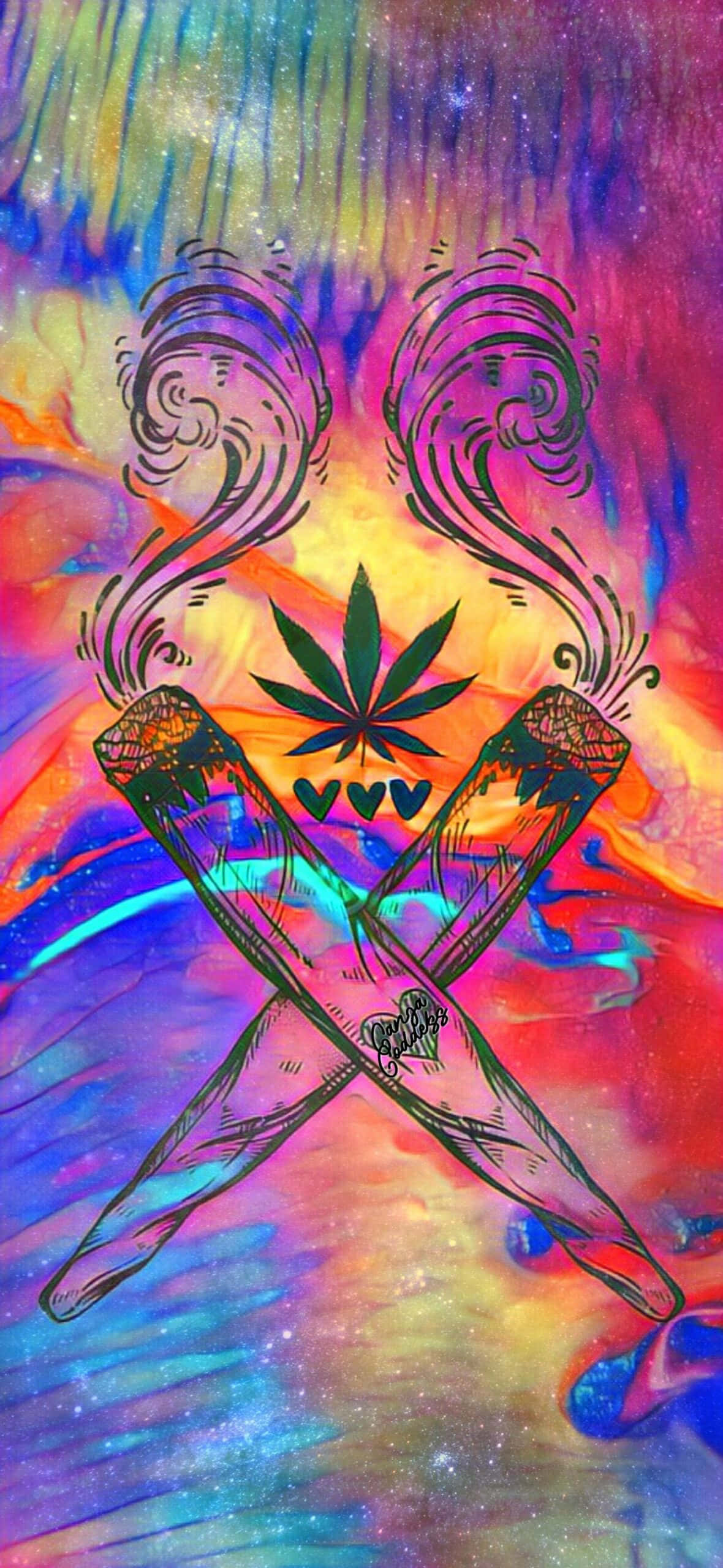 深色背景下的彩色煙卷 壁紙 — 兩支交叉的大麻煙在充滿活力的宇宙紮染背景中散發出旋轉的煙霧，中央有一片大麻葉。