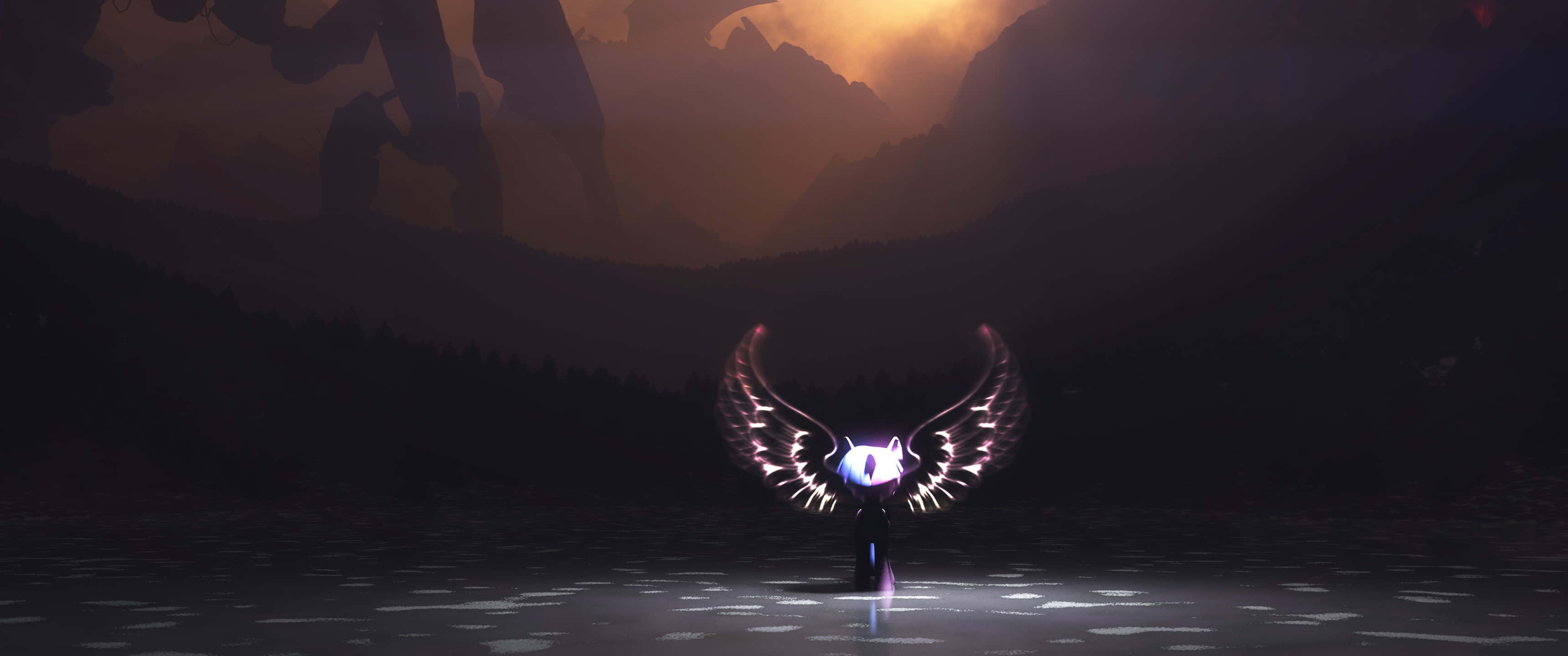 深色背景下的鳥類生物翅膀 3440x1440p 壁紙 — 一個發光的有翼生物站在黑暗的山谷中，背景是火紅色的天空和鋸齒狀的山脈。
