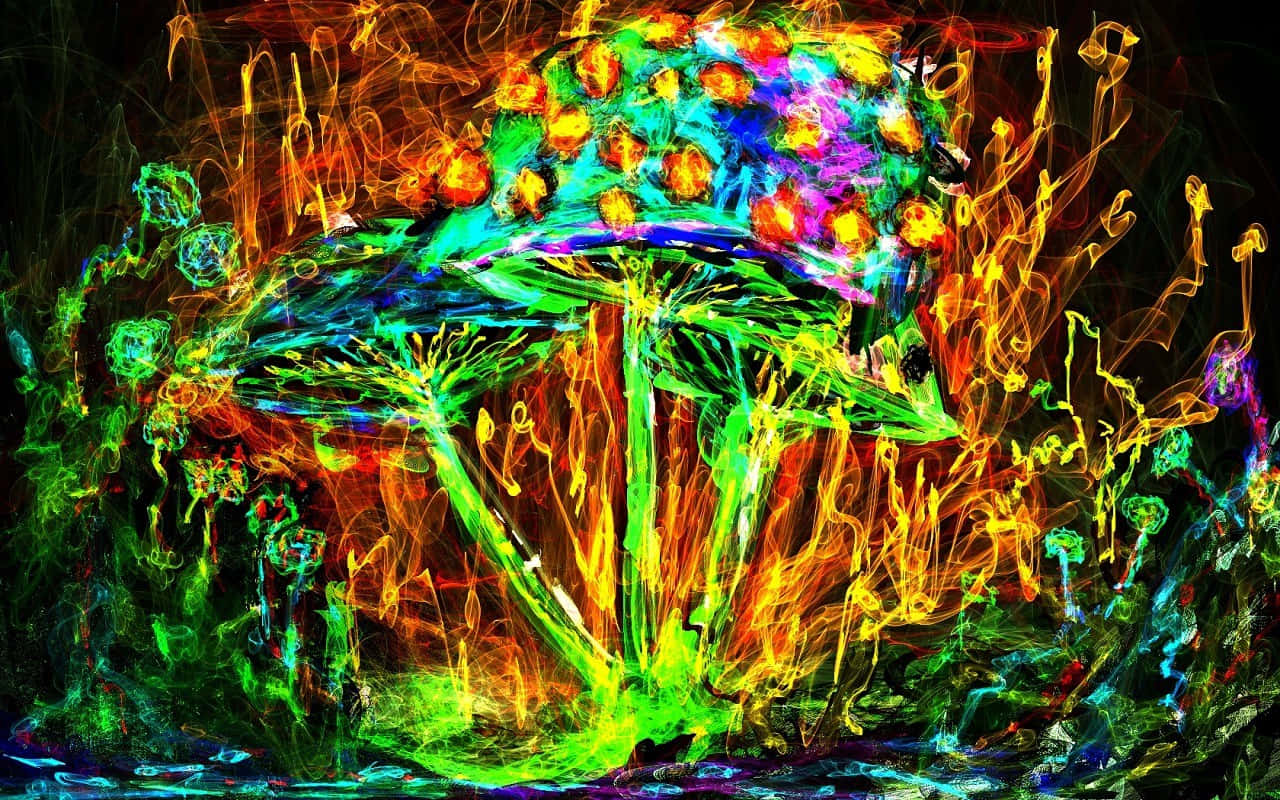 深色迷幻抽象藝術圖像 壁紙 — 一朵帶有彩虹傘蓋和發光橙色斑點的迷幻蘑菇，在黑暗、旋轉的抽象背景中散發著霓虹能量。