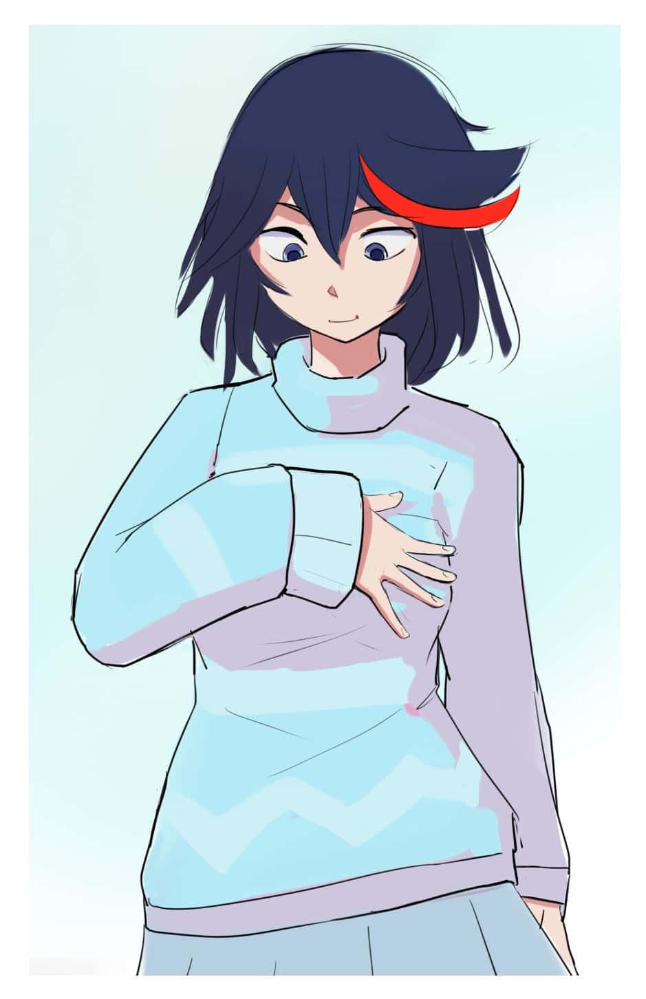 ryuko matoi 桌布 壁紙 — 深色頭髮、戴紅色頭帶的動漫女孩，穿著淺藍色和紫色毛衣，微笑著觸碰胸口。