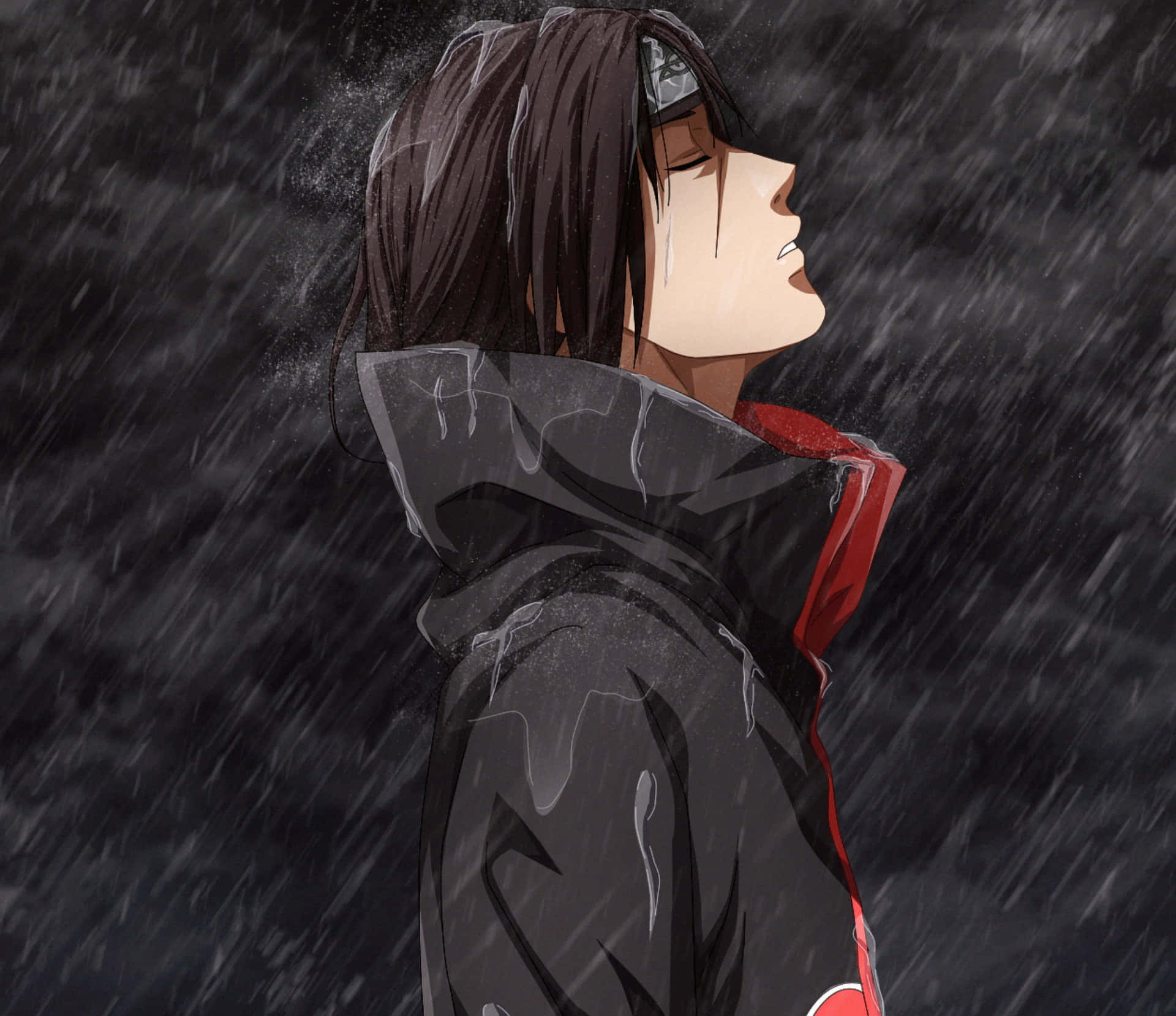 Akatsuki Naruto Shippuden 桌布 壁紙 — 深色頭髮、紅色斗篷的動漫角色站在大雨中，臉朝上，雙眼緊閉。