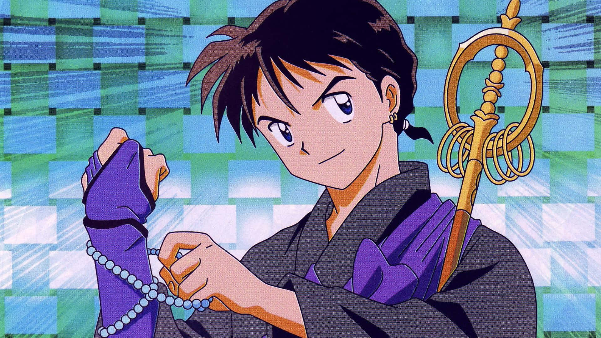 Miroku 桌布 壁紙 — 深色頭髮、身穿紫色長袍的動漫角色，在藍綠色格仔背景前手持念珠。