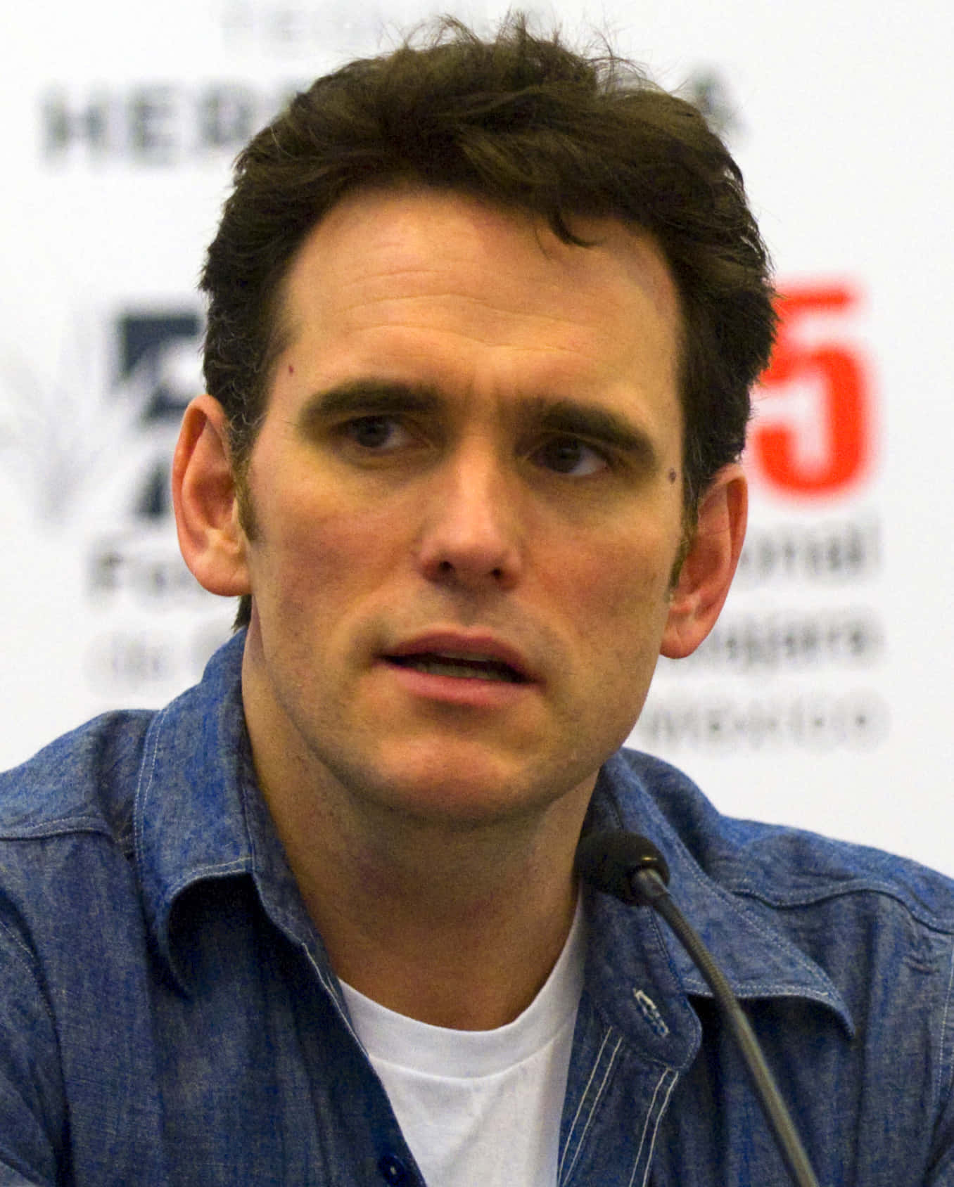 matt dillon 桌布 壁紙 — 深色頭髮男子身穿牛仔襯衫，在記者會上對著麥克風講話的特寫。