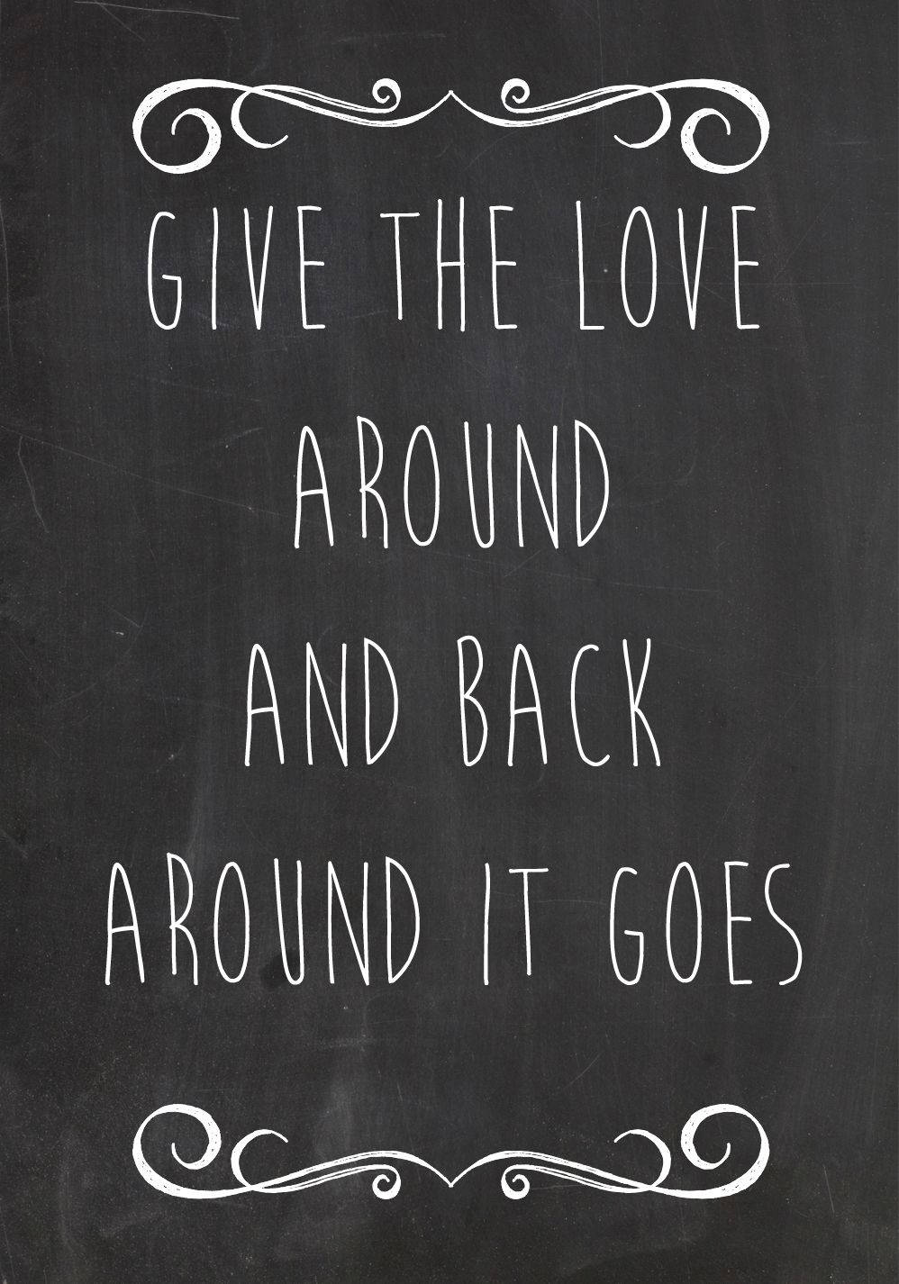 Typography 桌布 壁紙 — 深色黑板上白色粉筆字寫著「GIVE THE LOVE AROUND AND BACK AROUND IT GOES」，周圍環繞著華麗的漩渦裝飾。