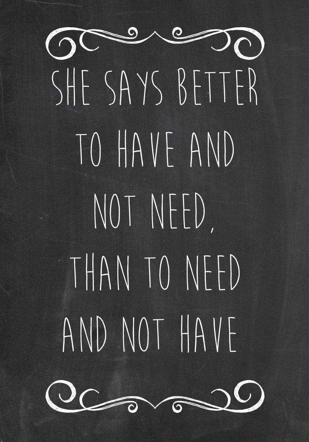 Typography 桌布 壁紙 — 深色黑板上白色粉筆字寫著「she says better to have and not need than to need and not have」，周圍環繞著華麗的漩渦花紋。