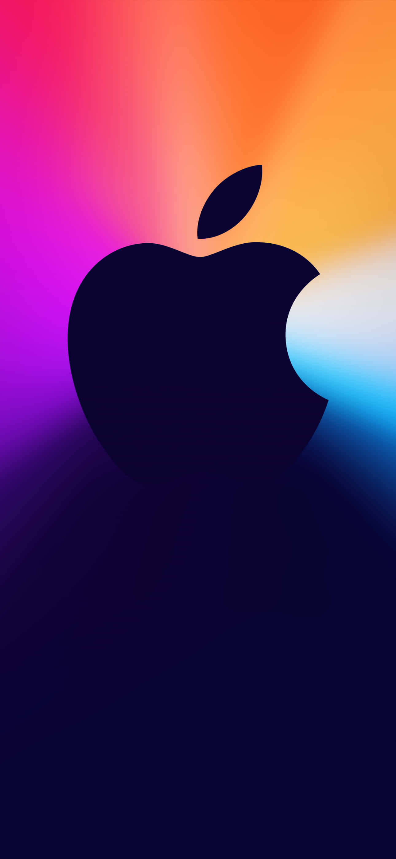 深藍 Pixel 3 蘋果標誌背景 壁紙 — 一個時尚的黑色Apple標誌剪影，矗立在粉紅、橙色和藍色調的耀眼漸變背景上。