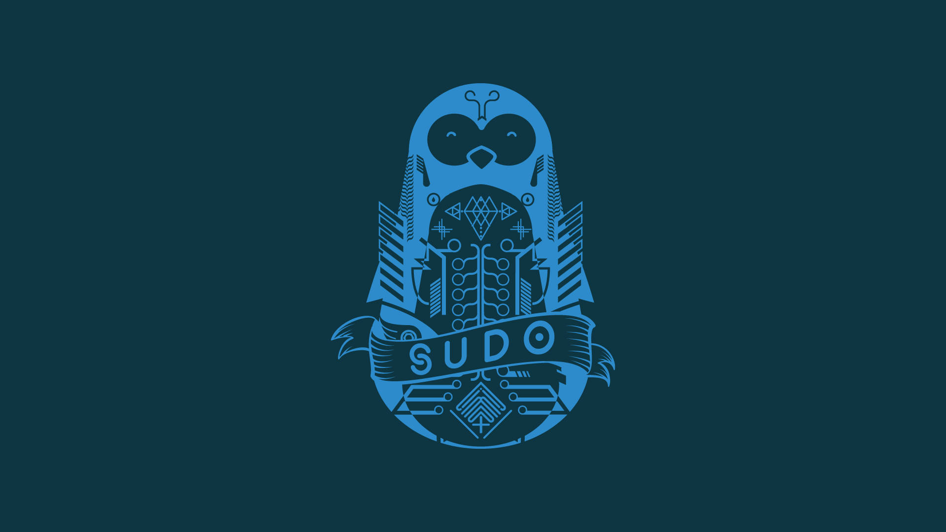 深青色背景上帶有 'sudo' 文字和科技圖案的藍色企鵝插圖。